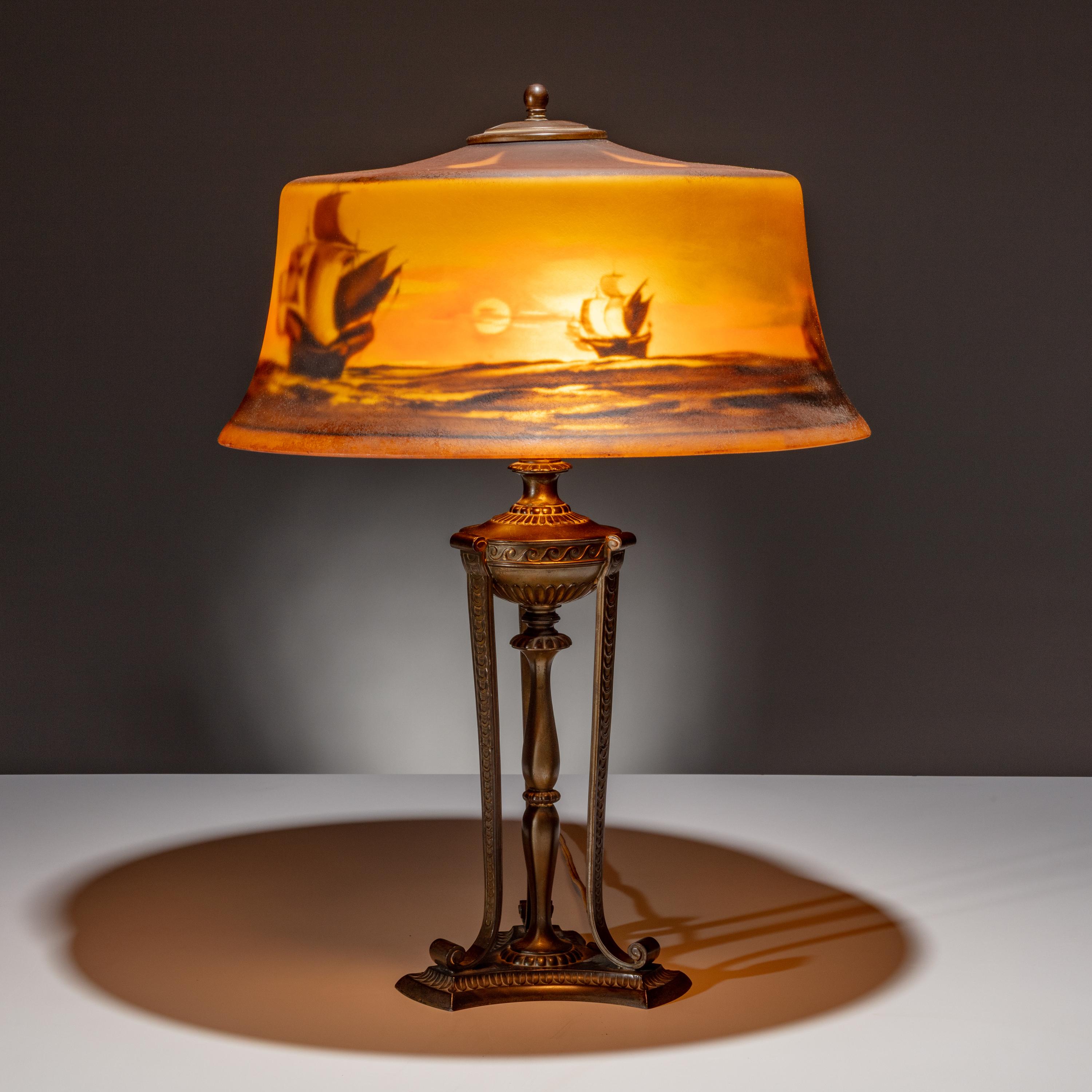 Pairpoint Corporation USA, Early 20th Century — Reverse-Painted Lamp, possibly depicting the Nina, Pinta, and Santa Maria , c. 1915