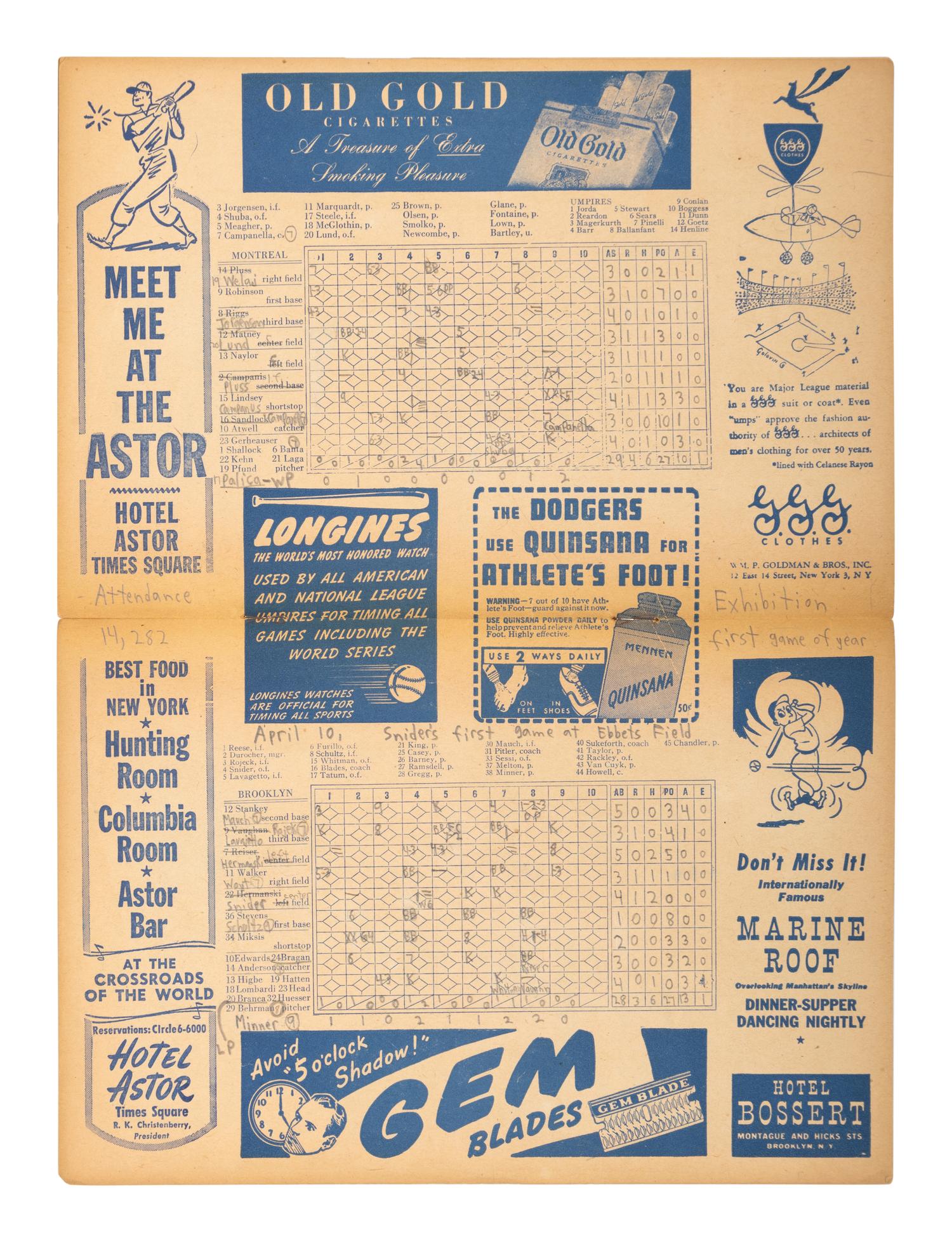A Historic April 10, 1947 Montreal Royals vs. Brooklyn Dodgers Ebbets Field Program / Scorecard (Robinson's Ebbets Field Debut / The Day Brooklyn Purchases Robinson Contract From Montreal)
