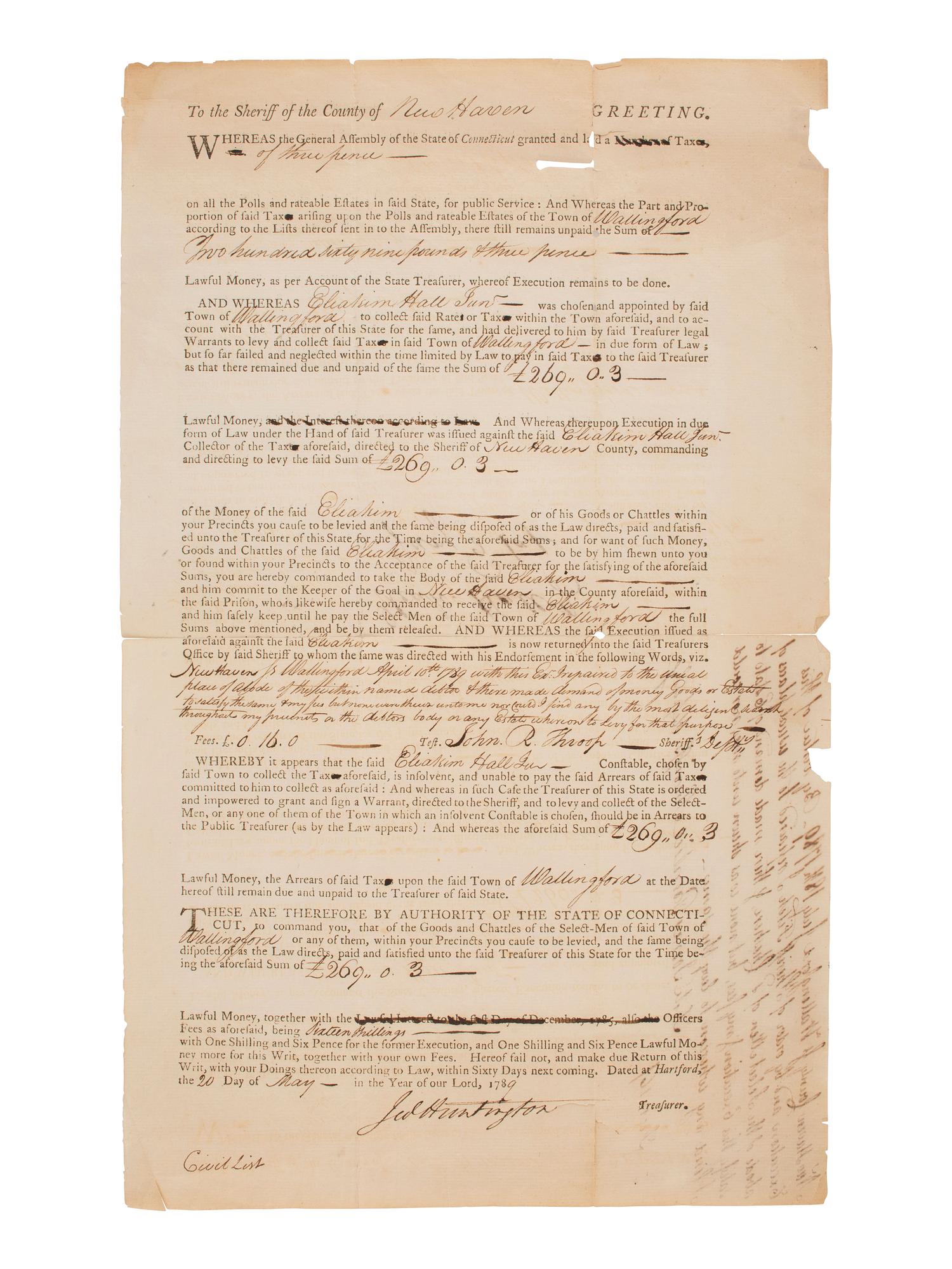 [REVOLUTIONARY WAR]. TRUMBULL, Jonathan (1710-1785). Signed military appointment.