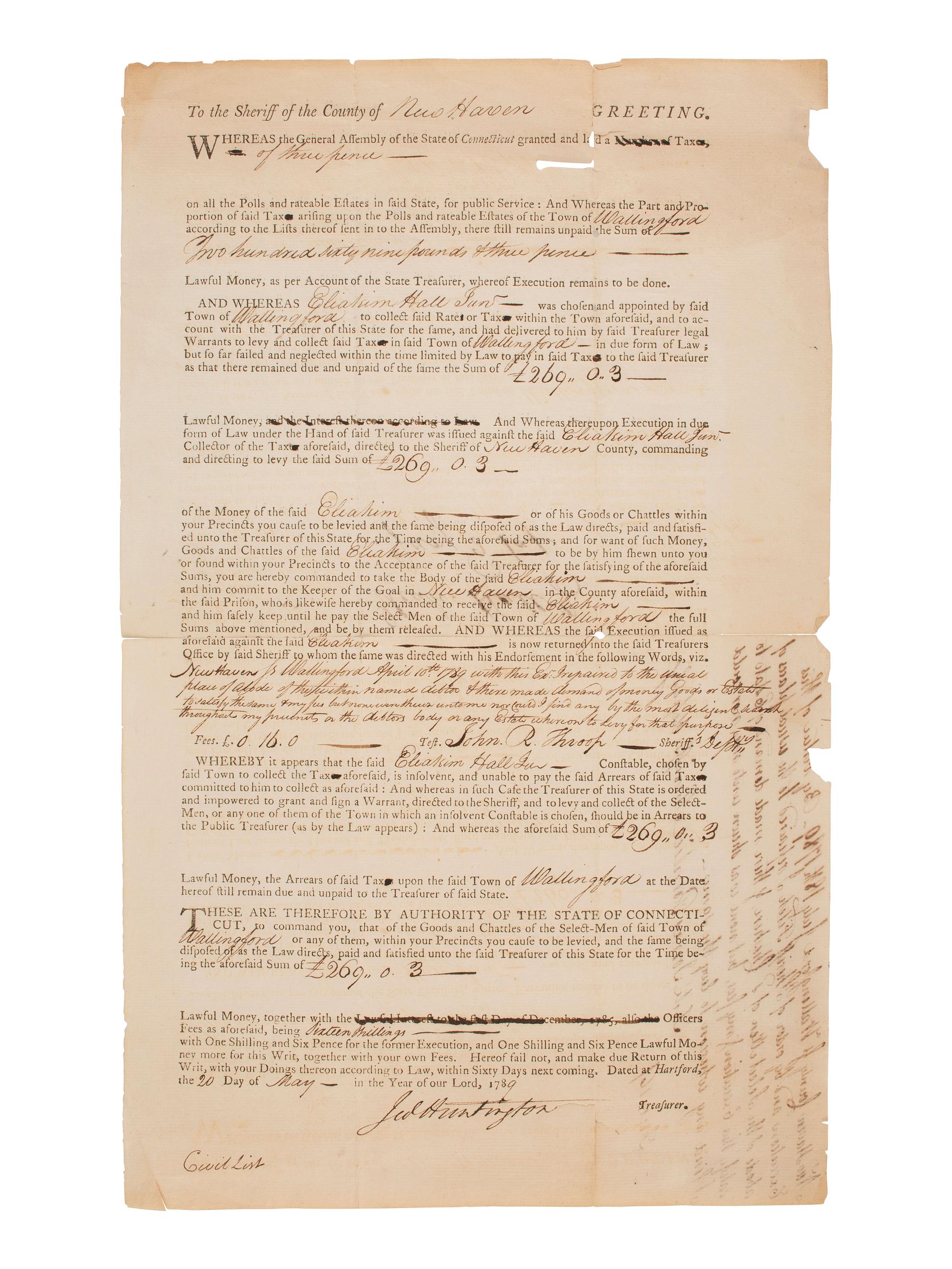 [REVOLUTIONARY WAR]. TRUMBULL, Jonathan (1710-1785). Signed military appointment.