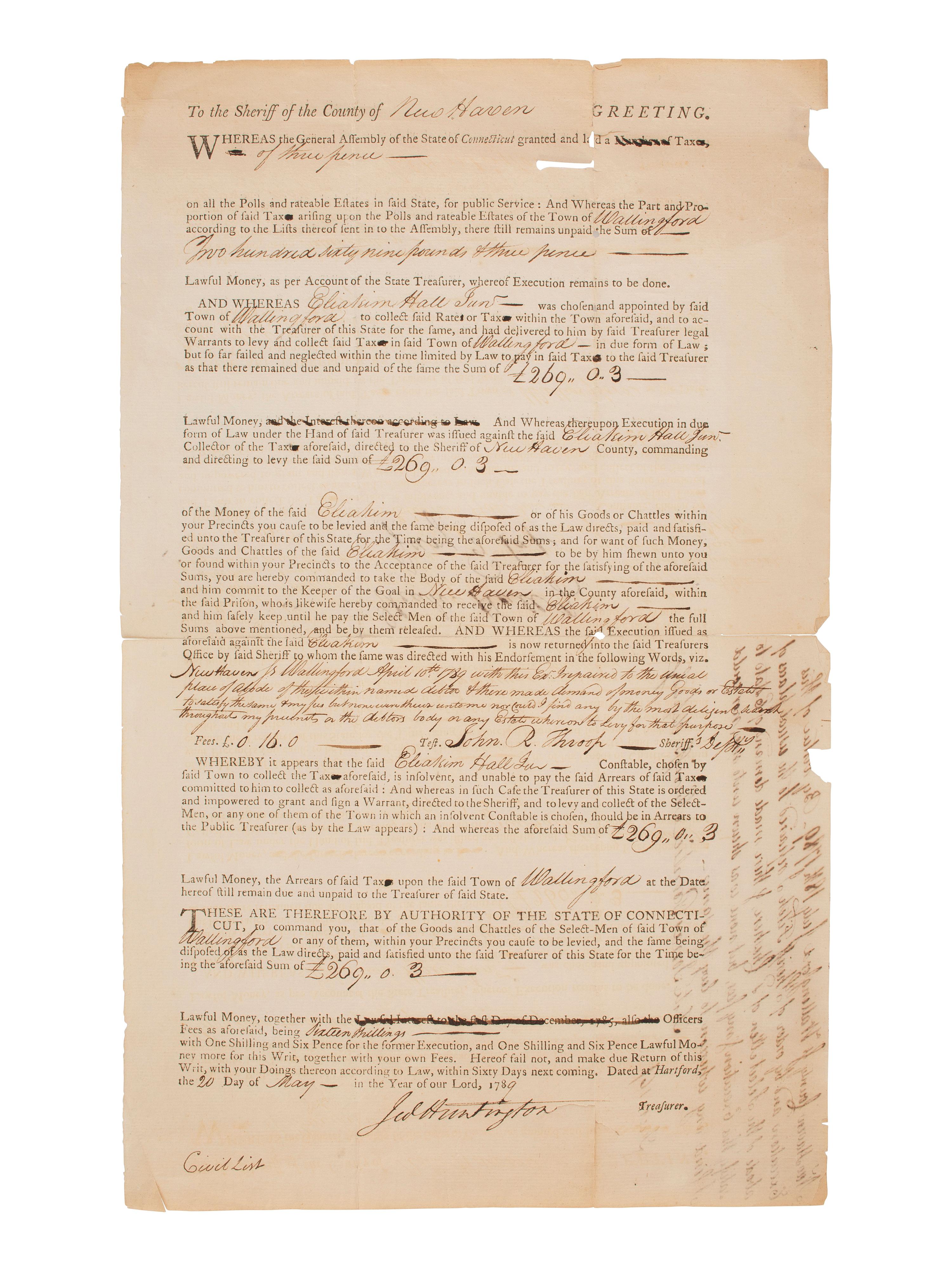 [REVOLUTIONARY WAR]. TRUMBULL, Jonathan (1710-1785). Signed military appointment.