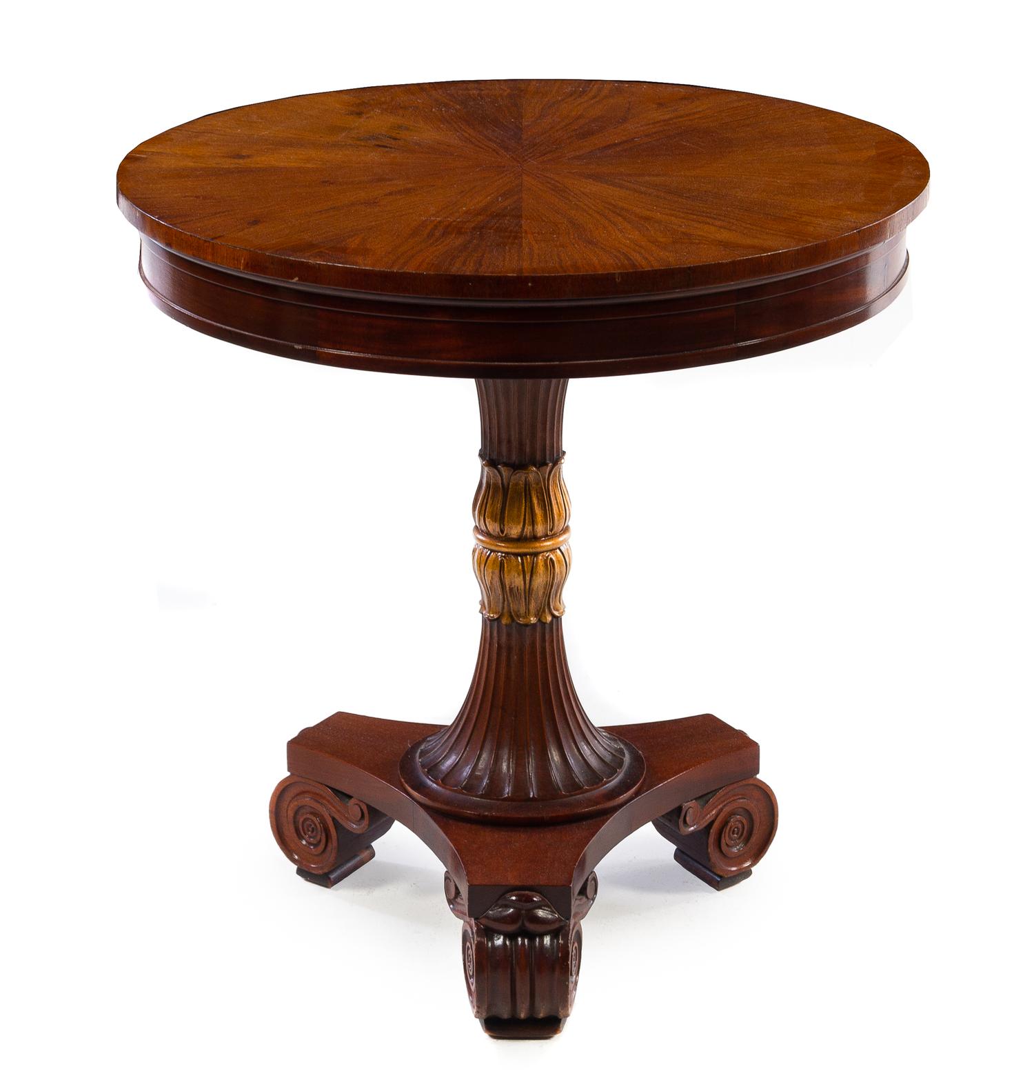 A Regency Style Parcel Gilt Mahogany Side Table Height 28 x diameter of top 27 inches. — 20TH CENTURY