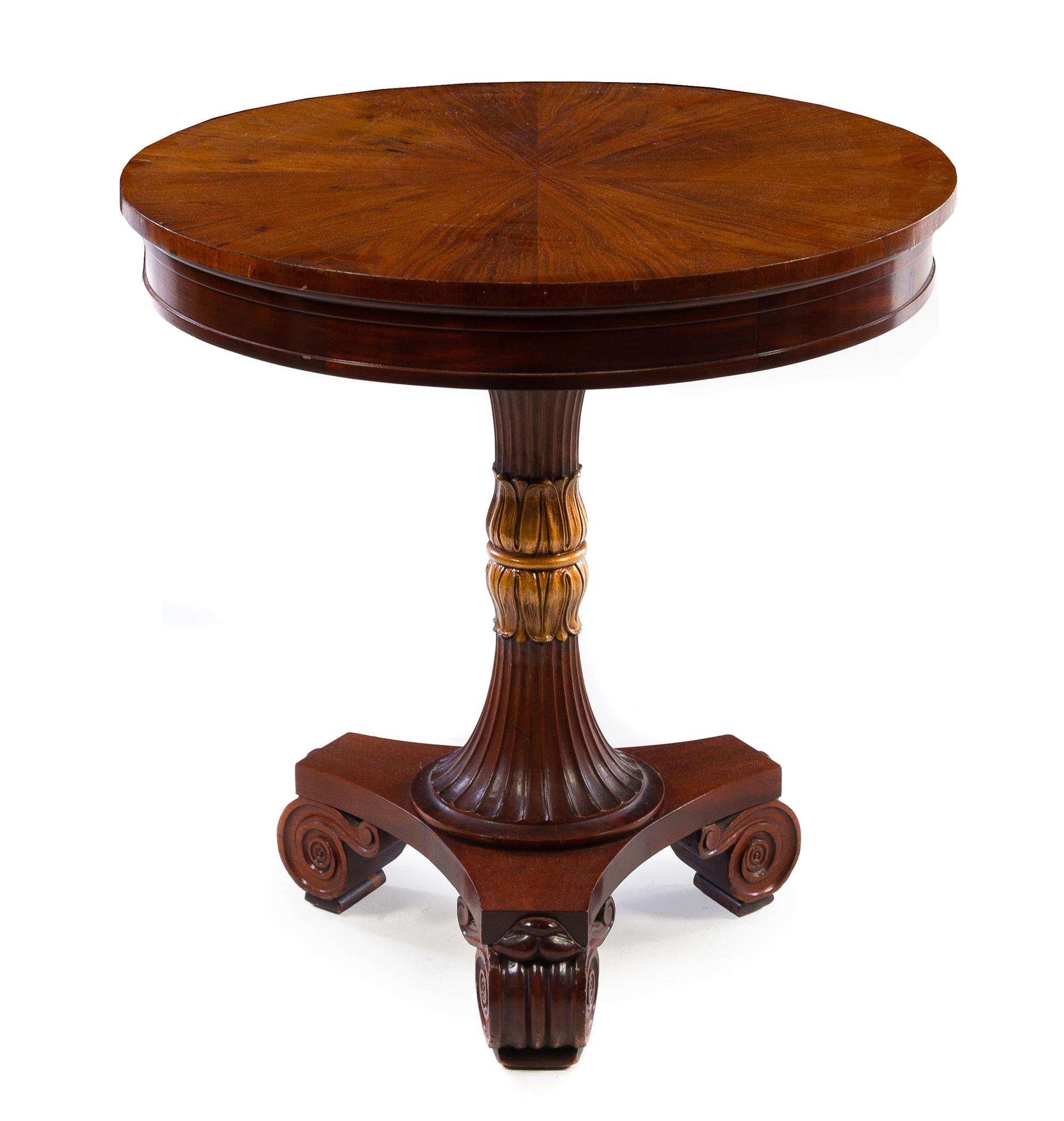 A Regency Style Parcel Gilt Mahogany Side Table Height 28 x diameter of top 27 inches. — 20TH CENTURY
