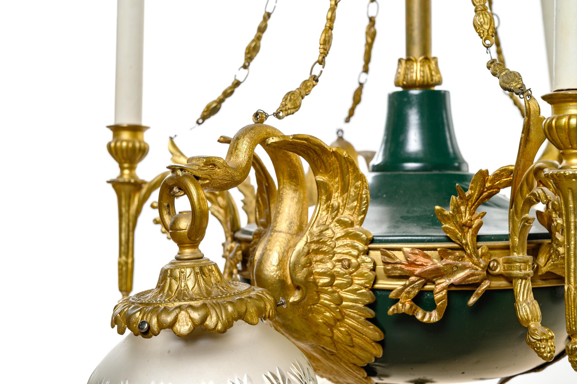 An Empire Style Gilt Bronze and Painted Tôle Six-Light Chandelier