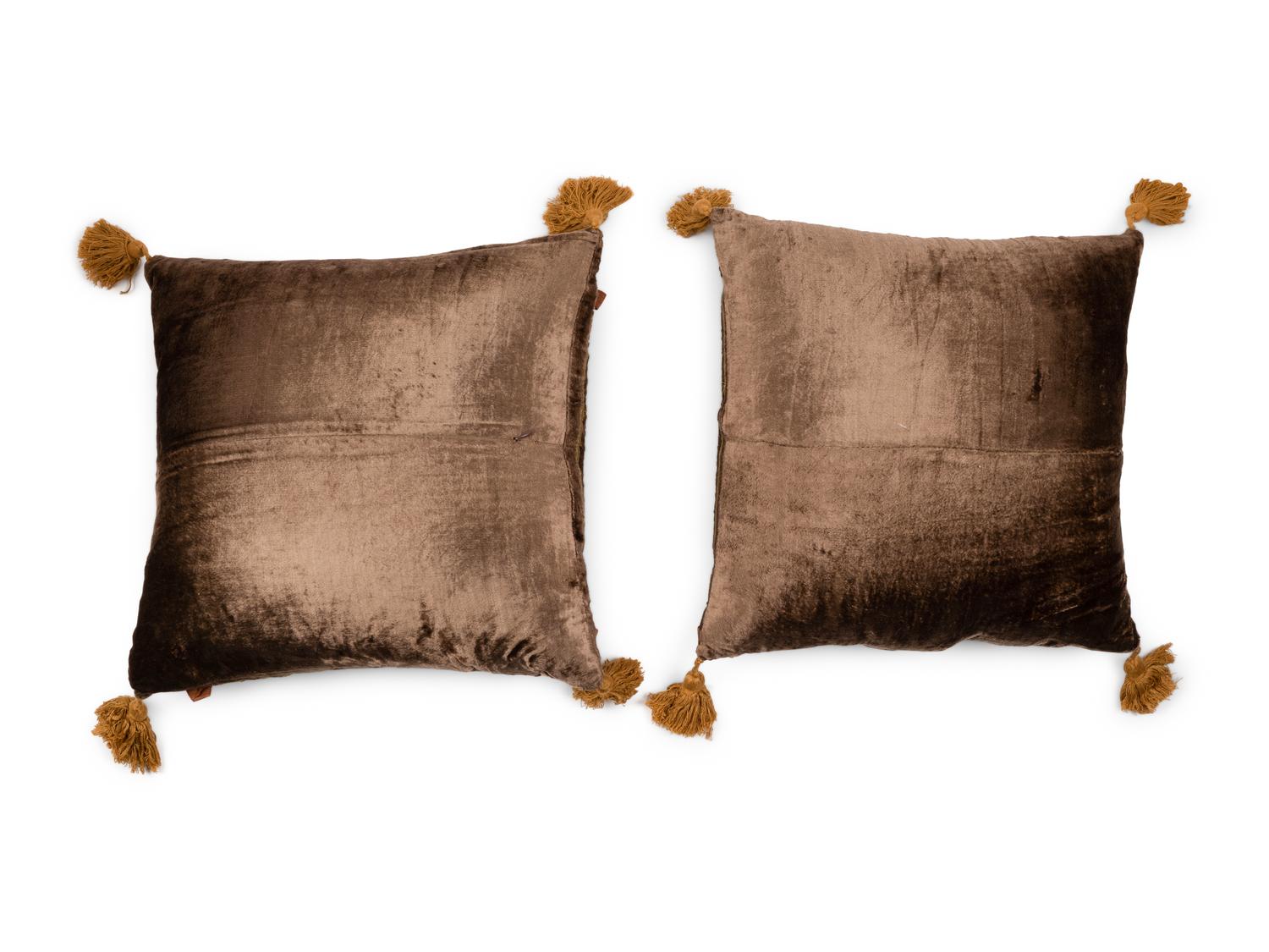A Pair of French Embroidered Velvet Throw Pillows