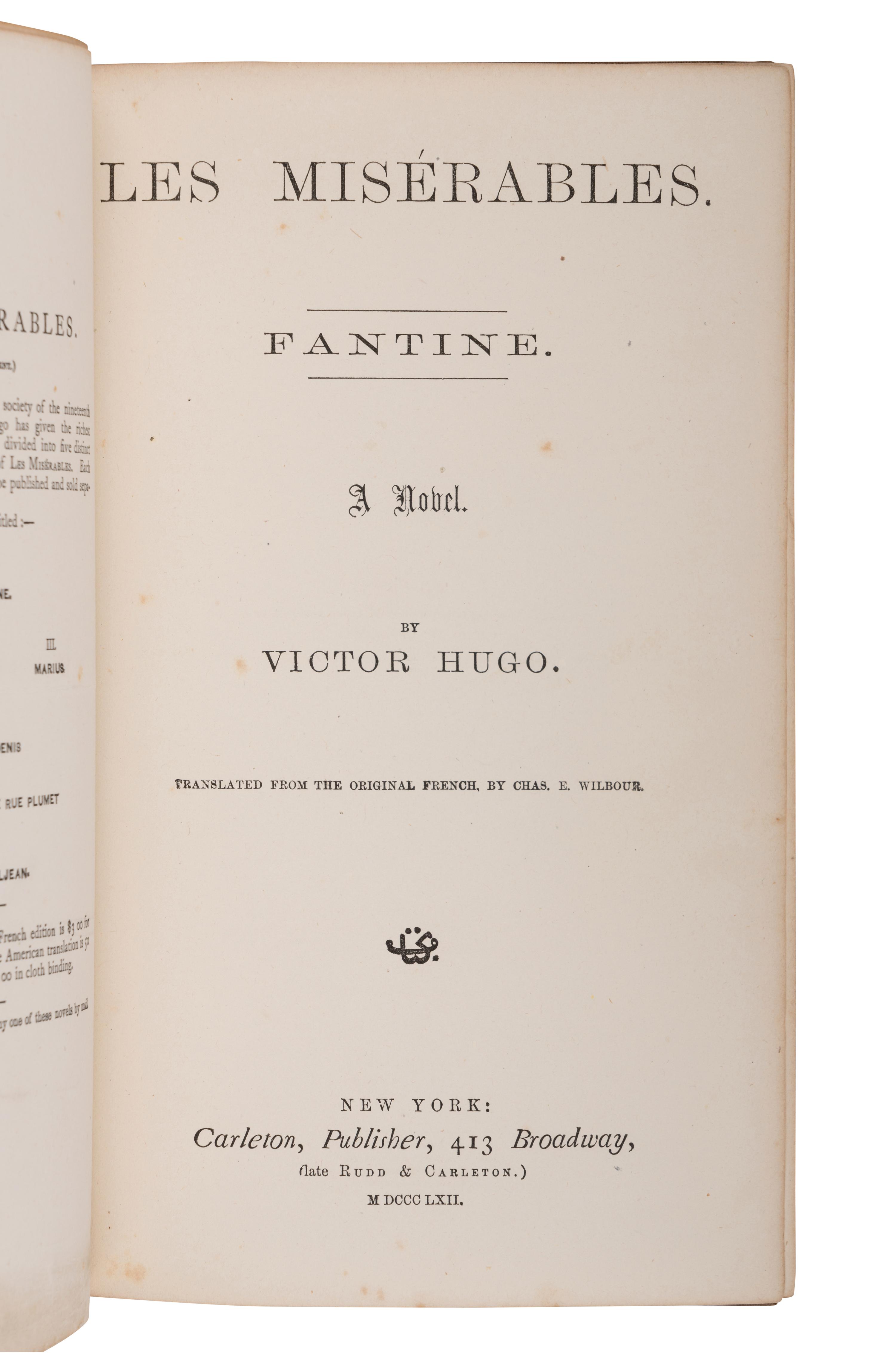HUGO, Victor (1802-1885). Les Misérables . New York: Carleton, 1862.