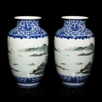 A Pair of Chinese Underglazed Blue and Famille Rose Porcelain 'Landscape' Vases, 20th Century — 近代 青花粉彩山水圖瓶一對