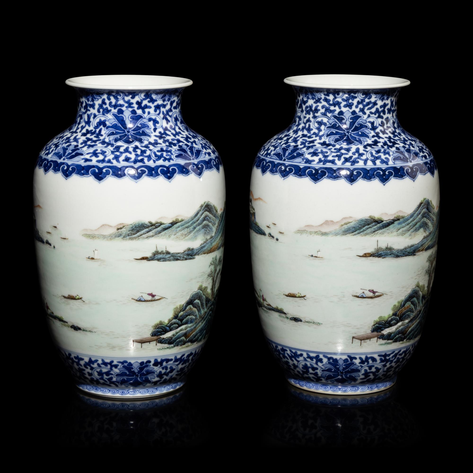 A Pair of Chinese Underglazed Blue and Famille Rose Porcelain 'Landscape' Vases, 20th Century — 近代 青花粉彩山水圖瓶一對