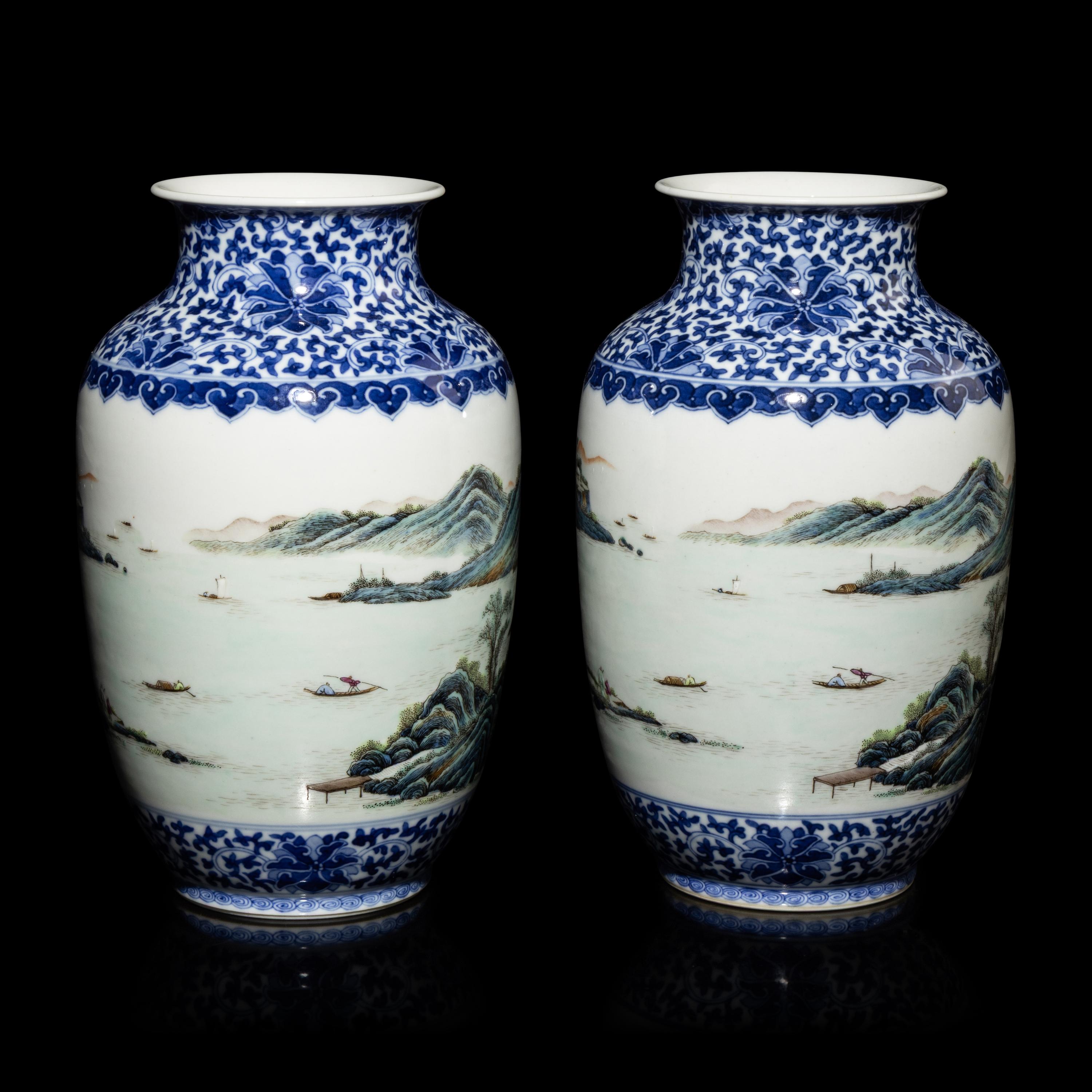 A Pair of Chinese Underglazed Blue and Famille Rose Porcelain 'Landscape' Vases, 20th Century — 近代 青花粉彩山水圖瓶一對