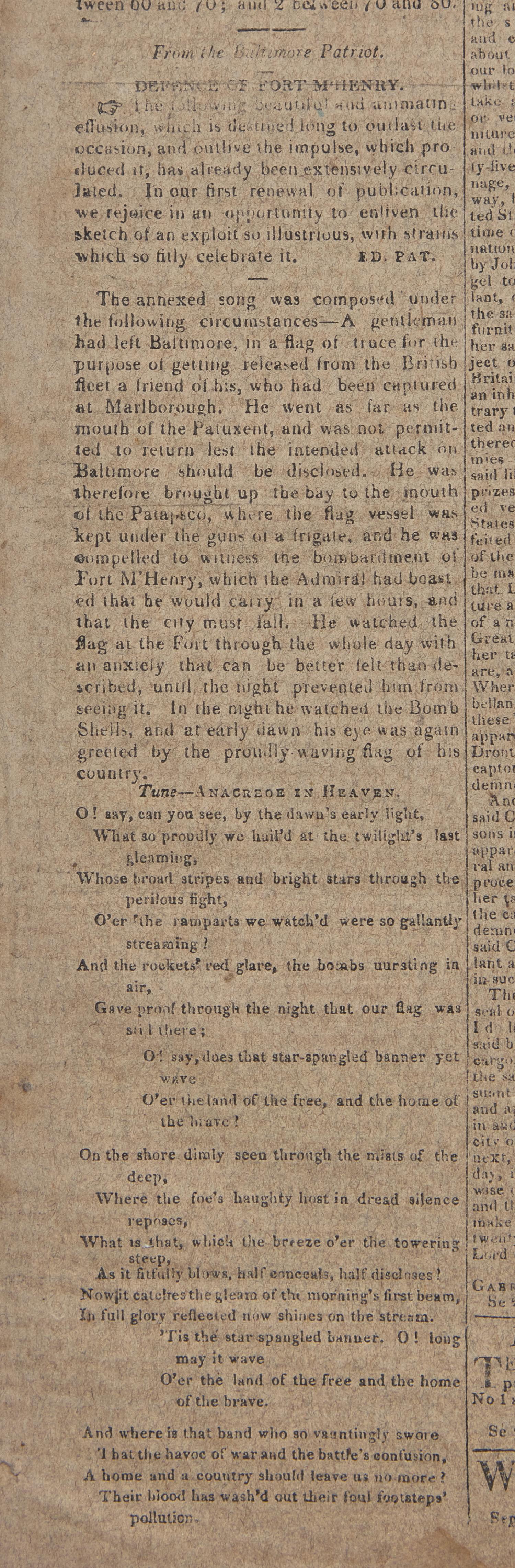 [Star-Spangled Banner] One of the Earliest Obtainable Newspaper Printings of the Star-Spangled Banner, September 27, 1814