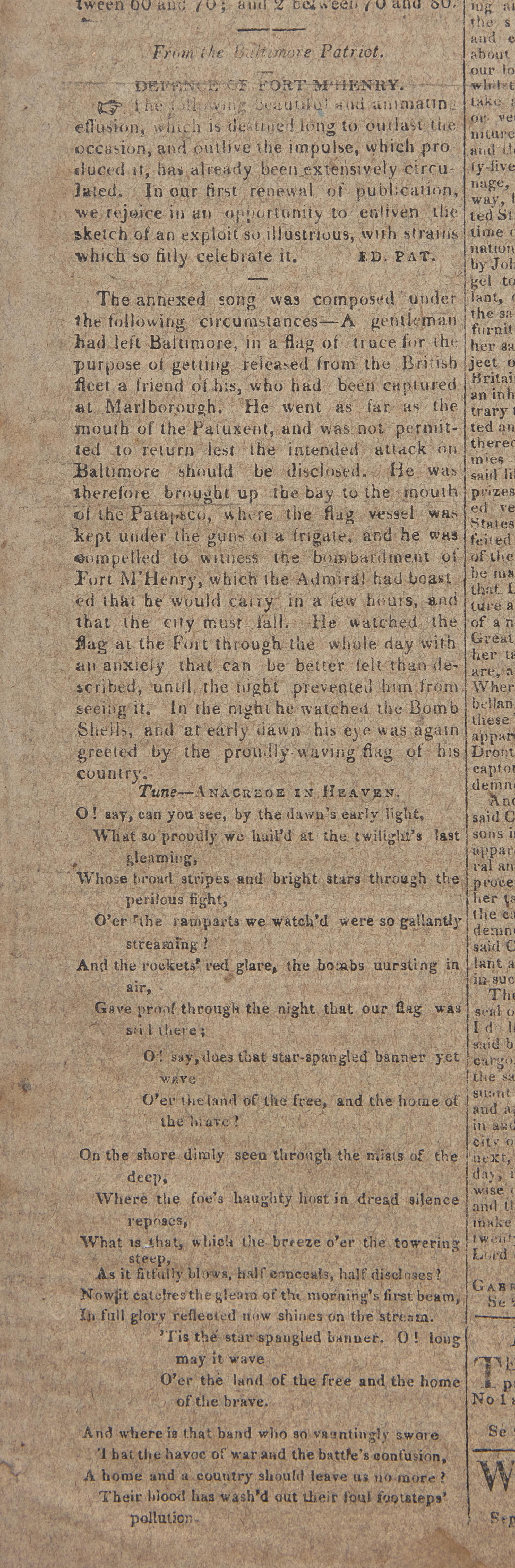 [Star-Spangled Banner] One of the Earliest Obtainable Newspaper Printings of the Star-Spangled Banner, September 27, 1814