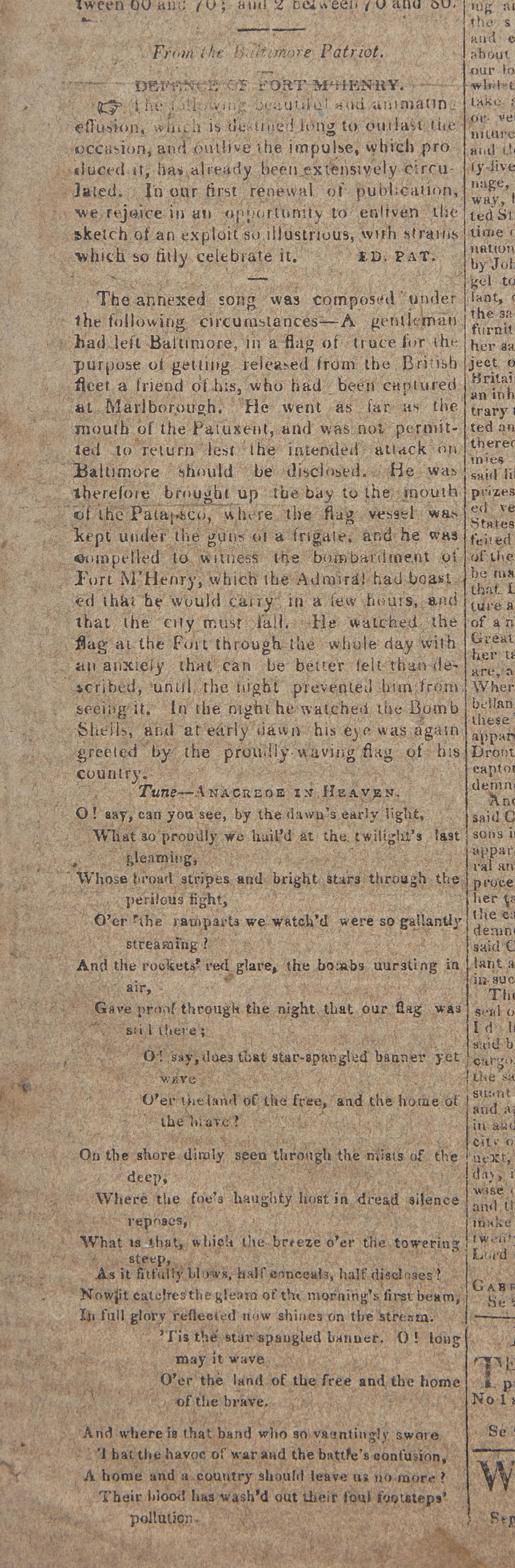 [Star-Spangled Banner] One of the Earliest Obtainable Newspaper Printings of the Star-Spangled Banner, September 27, 1814