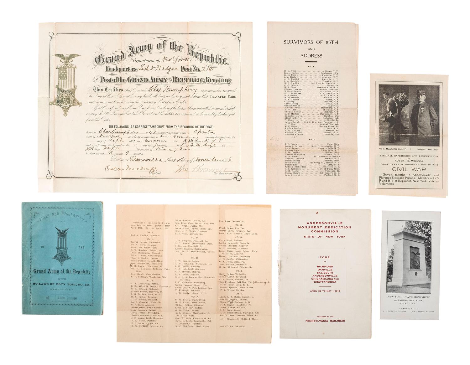 [CIVIL WAR]. Extensive archive of Charles H. Humphrey, 85th New York Infantry, highlighted by his 1864 and 1865 diaries while a POW at Andersonville, Charleston, and Florence.