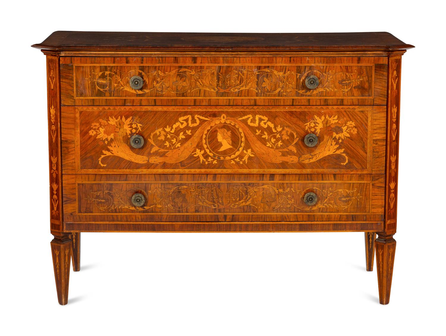 An Italian Neoclassical Walnut and Marquetry Commode in the Manner of Maggiolini