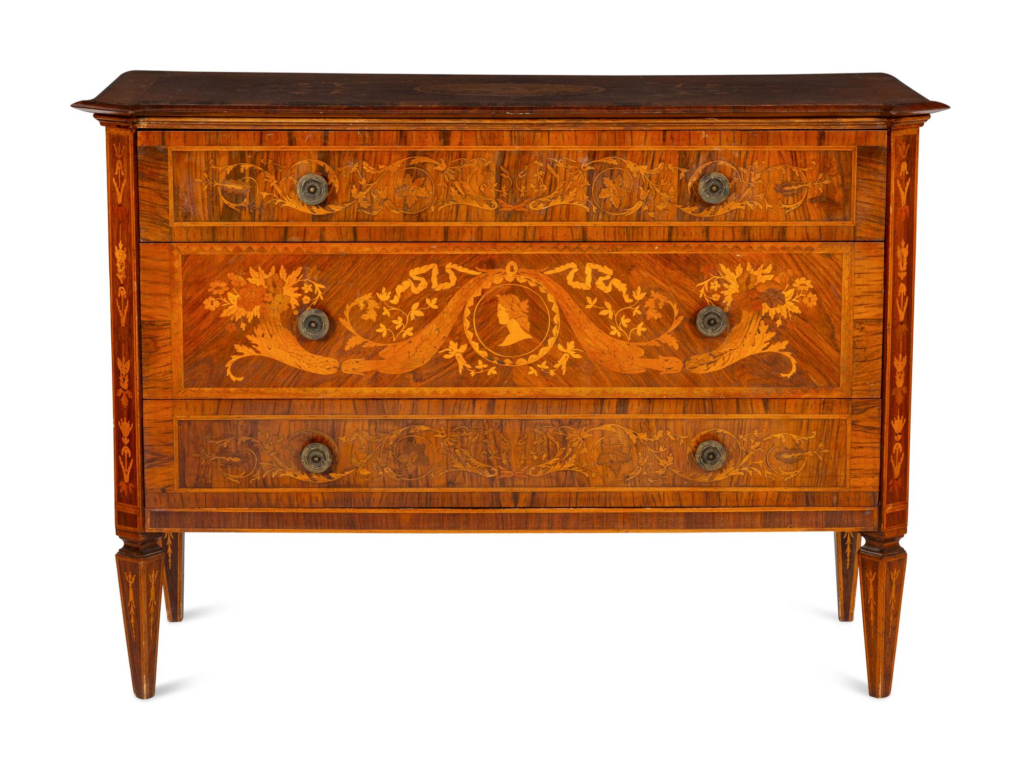 An Italian Neoclassical Walnut and Marquetry Commode in the Manner of Maggiolini