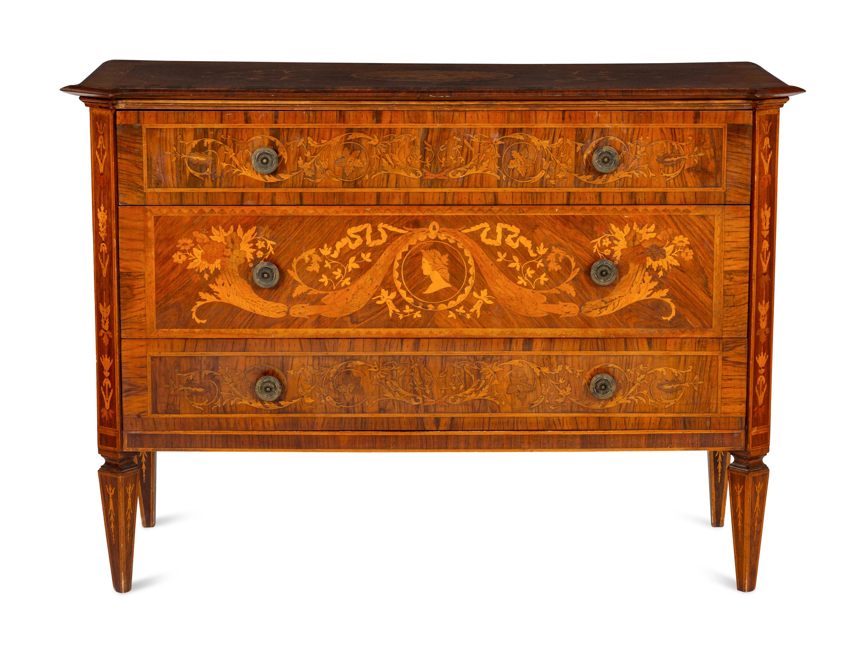 An Italian Neoclassical Walnut and Marquetry Commode in the Manner of Maggiolini