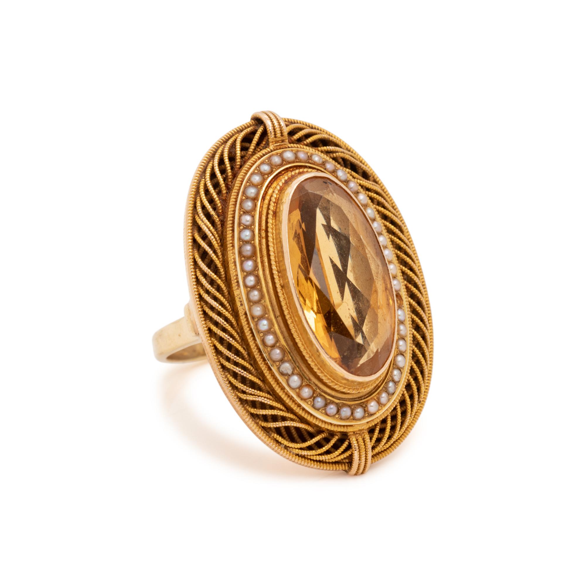 YELLOW GOLD, CITRINE AND SEED PEARL RING