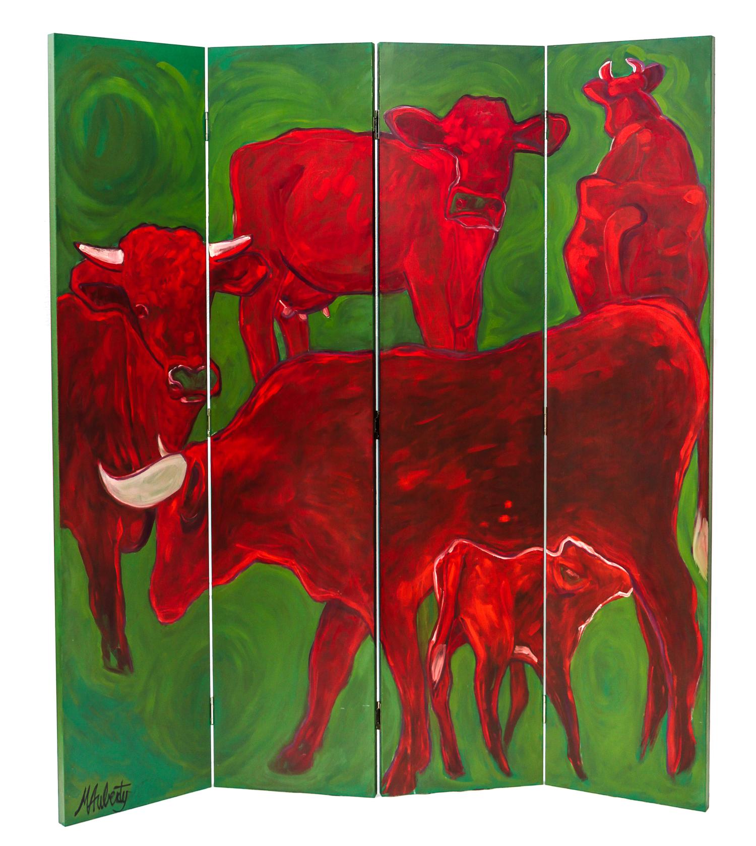 Melissa Auberty, (American, b. 1945), Two Four-Paneled Screens Depicting Cows