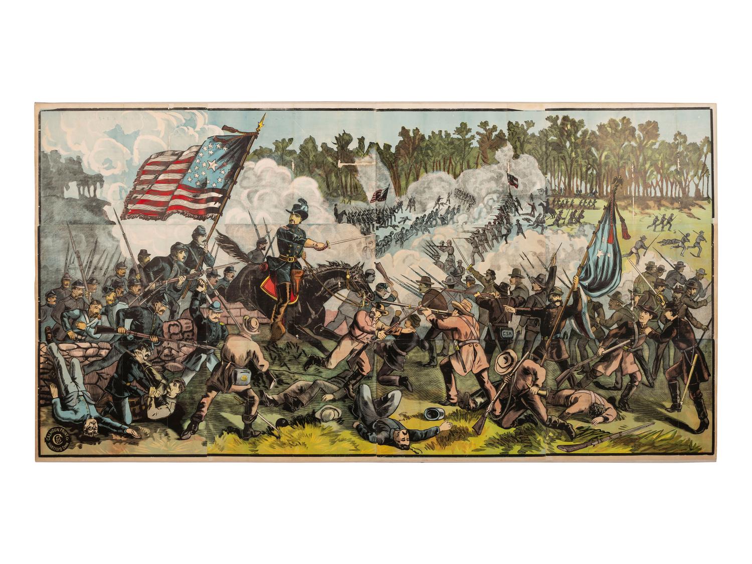 [CIVIL WAR]. Exceptionally large woodcut panorama of a battle scene. Hartford, CT: Calhoun Printing Co., n.d.