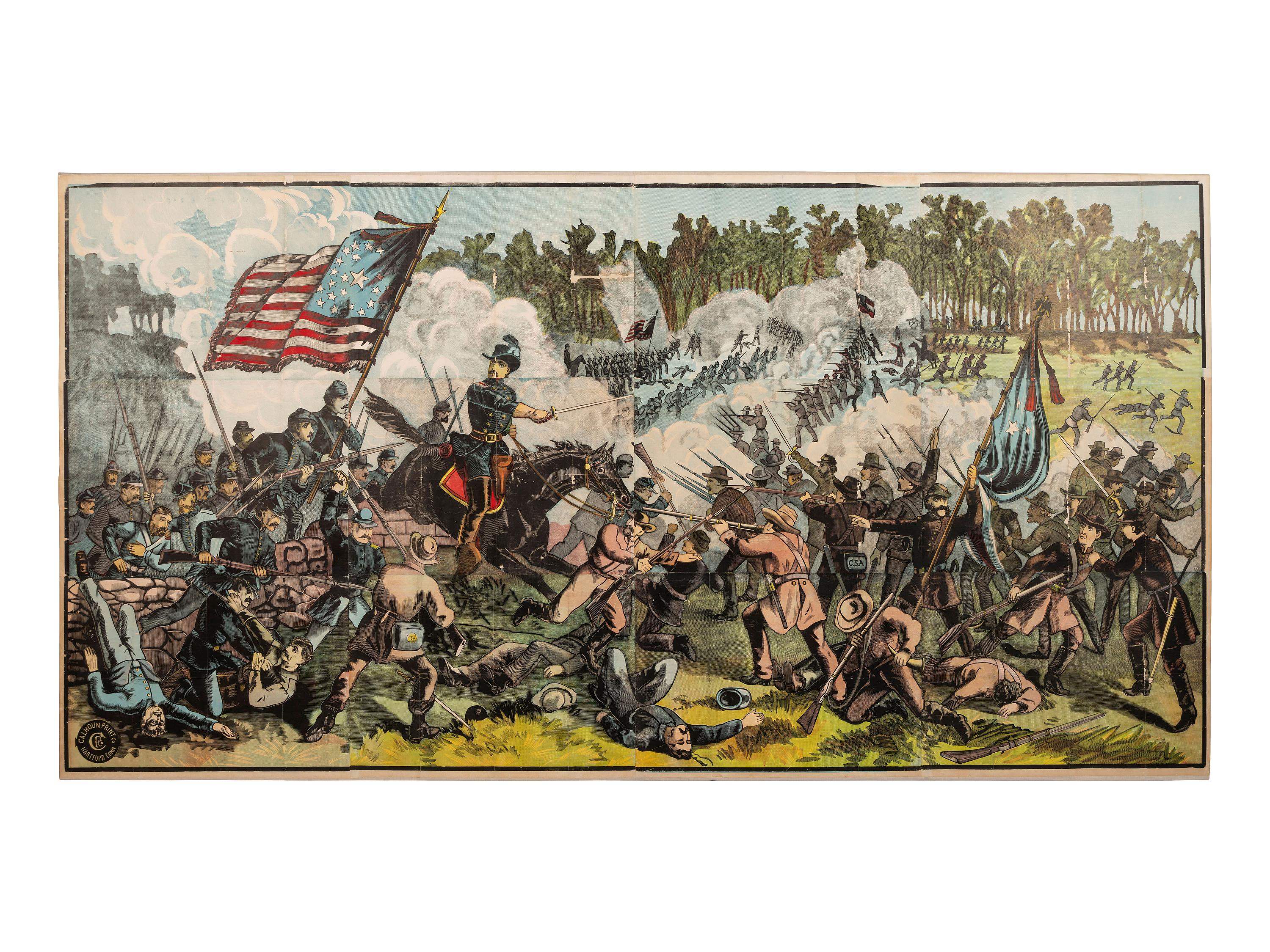 [CIVIL WAR]. Exceptionally large woodcut panorama of a battle scene. Hartford, CT: Calhoun Printing Co., n.d.