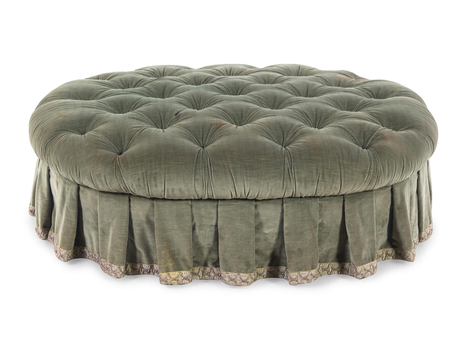 A Green Velvet Button Tufted Sofa and Ottoman