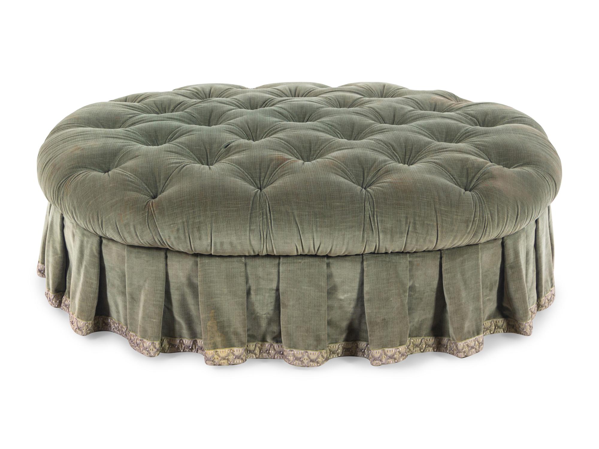 A Green Velvet Button Tufted Sofa and Ottoman