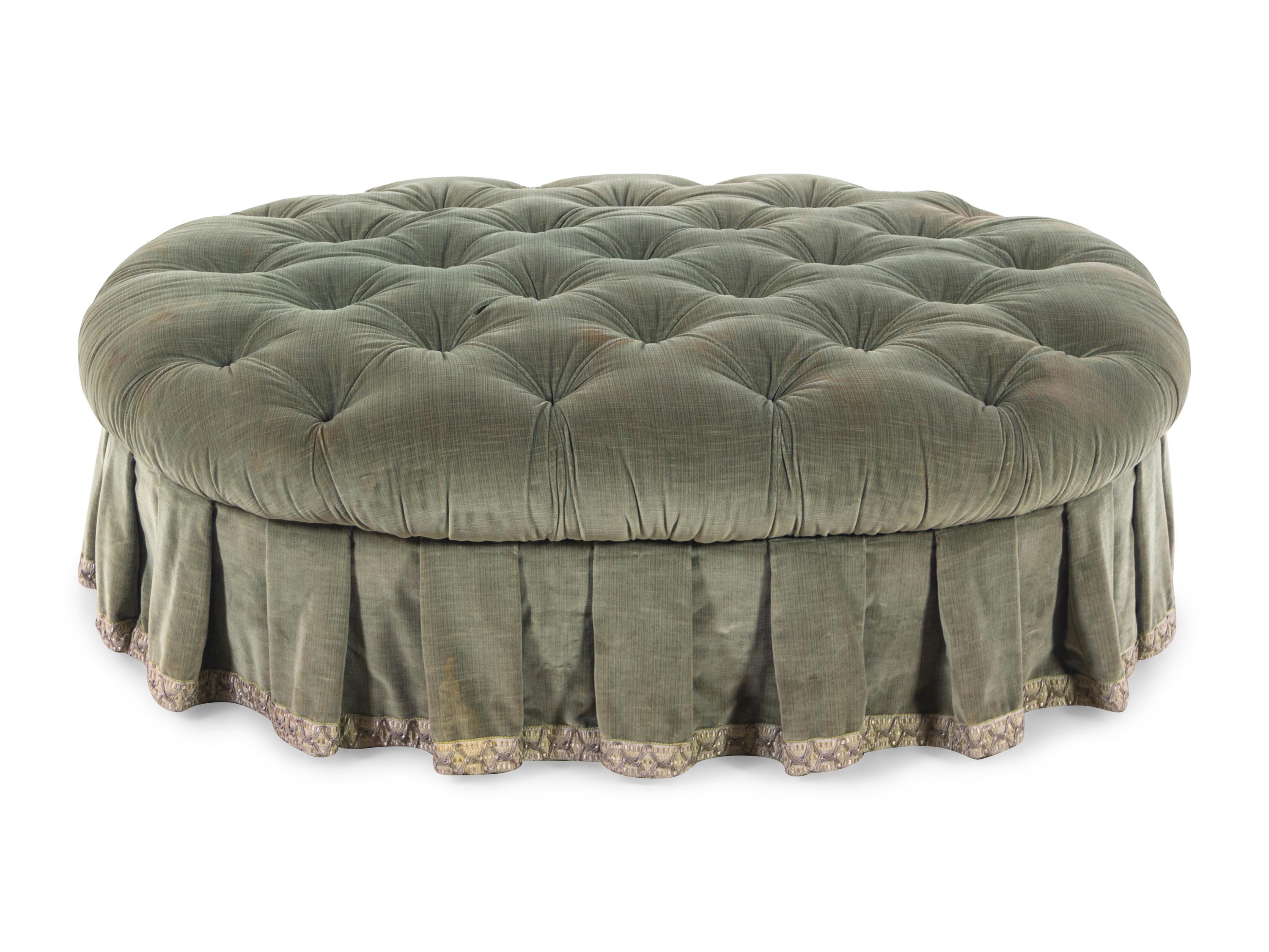 A Green Velvet Button Tufted Sofa and Ottoman