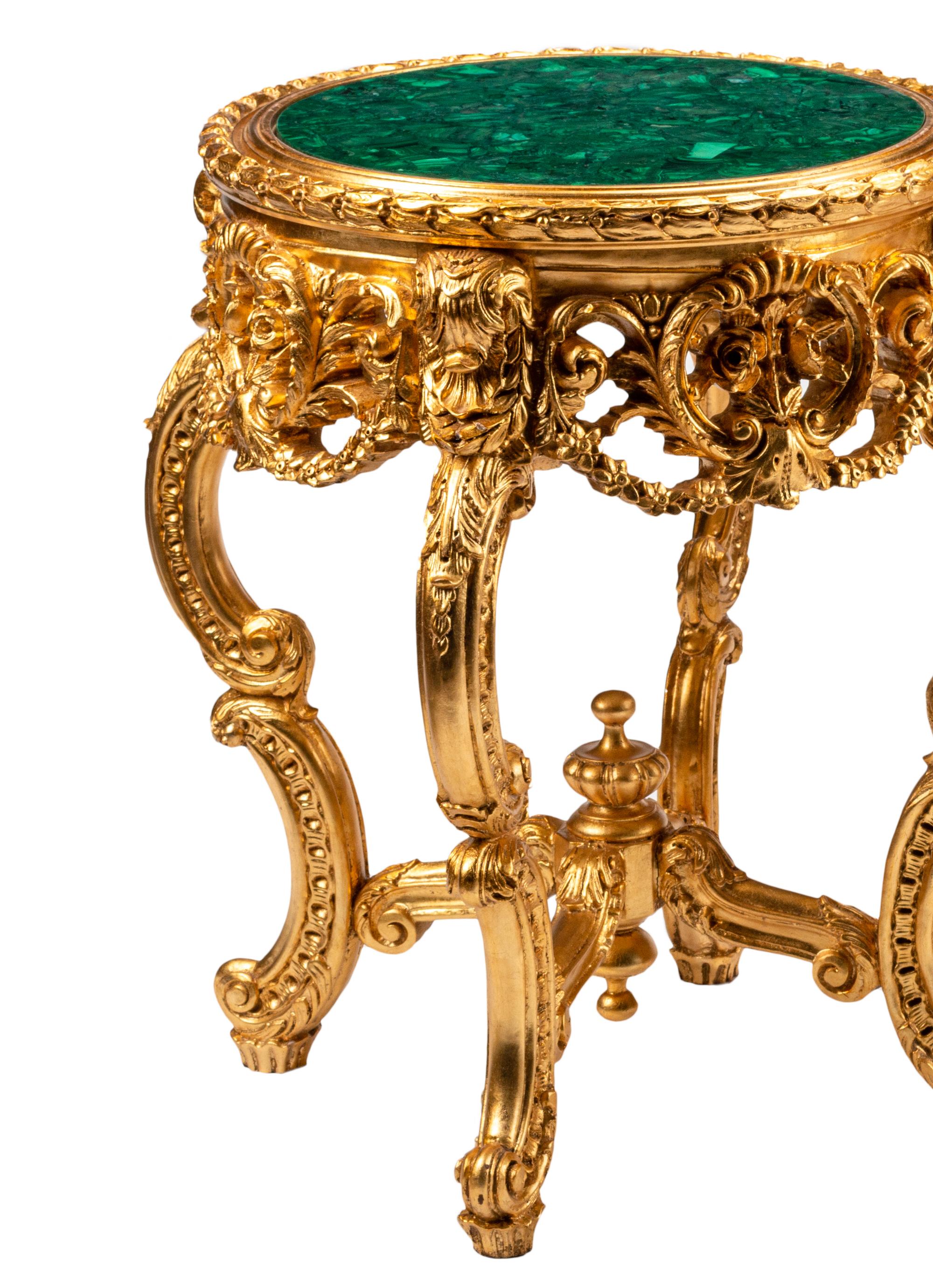 A Pair of Louis XV Style Giltwood Malachite-Top Tables