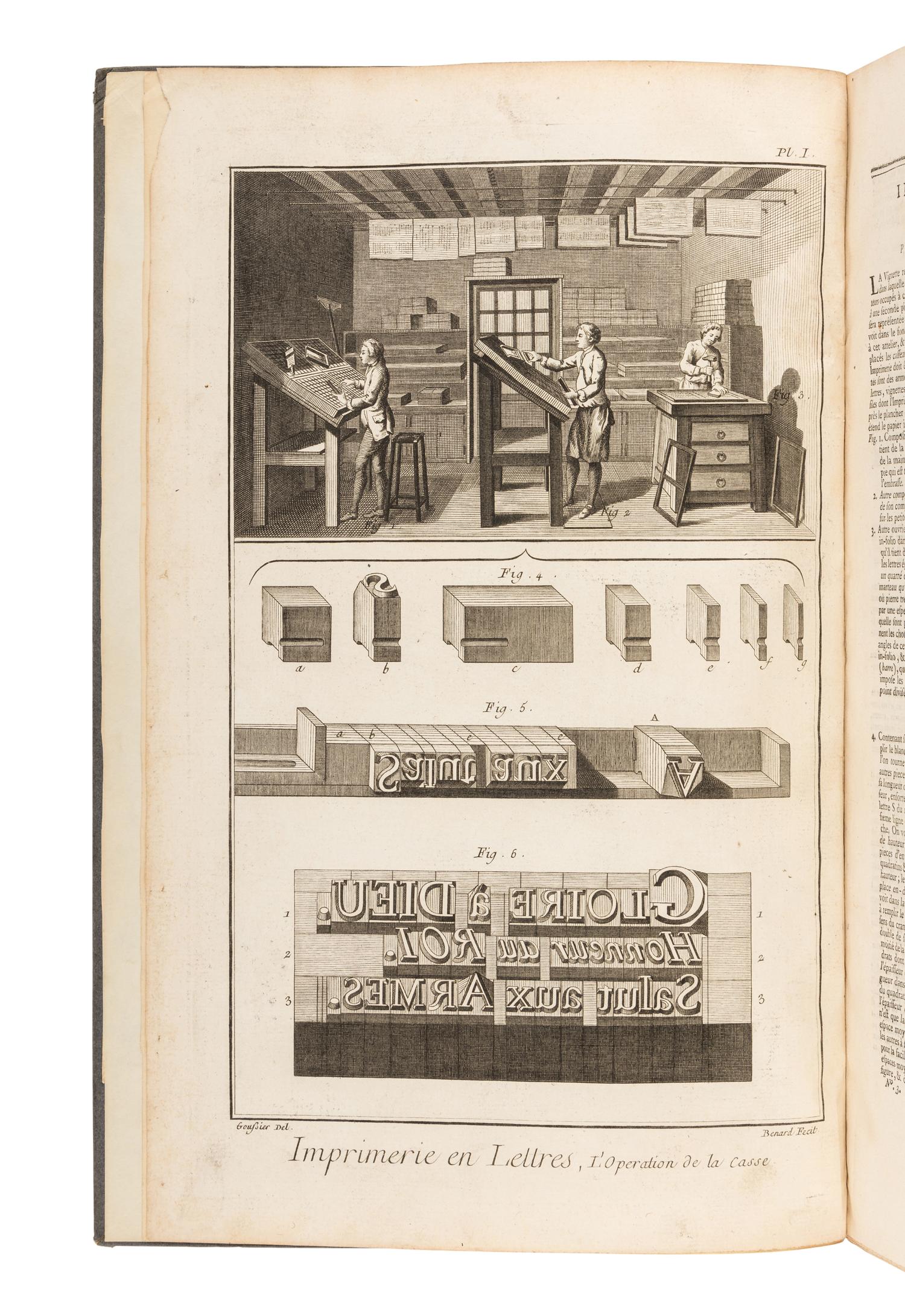 [PRINTING HISTORY]. DIDEROT, Denis (1713-1784) and Jean le Rond D'ALEMBERT (1717-1783). "Imprimerie en Caracteres" -- "Fonderie en Caracteres d'Imprimerie." Excerpted from: Encyclopédie, ou Dictionnaire Raisonné des Sciences, des arts et des métiers. Imprimerie en caractères. Fonderie en caractères d’imprimerie . [France: André-François Le Breton, ca 1760].
