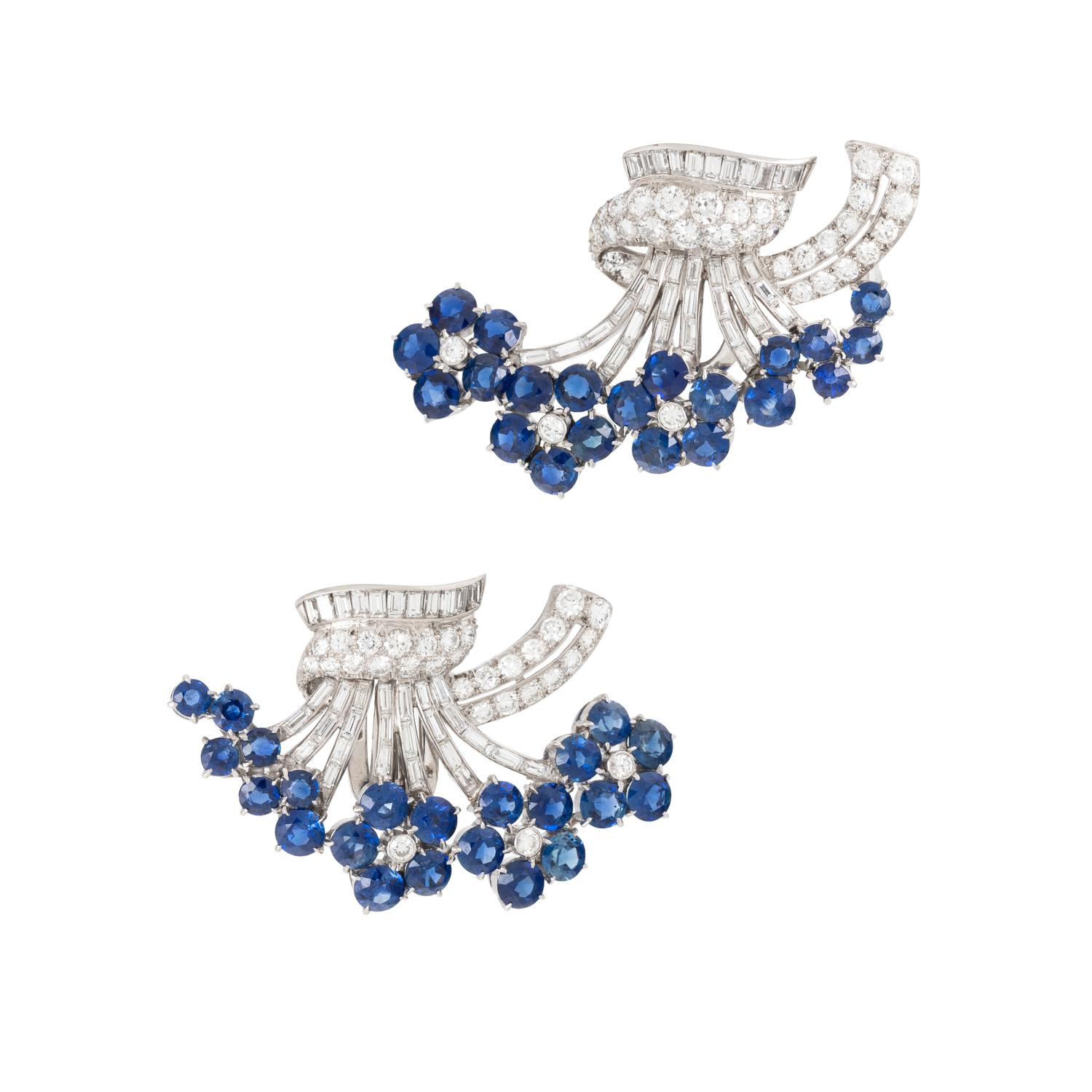 PAIR OF SAPPHIRE AND DIAMOND FLOWER CONVERTIBLE DRESS CLIPS