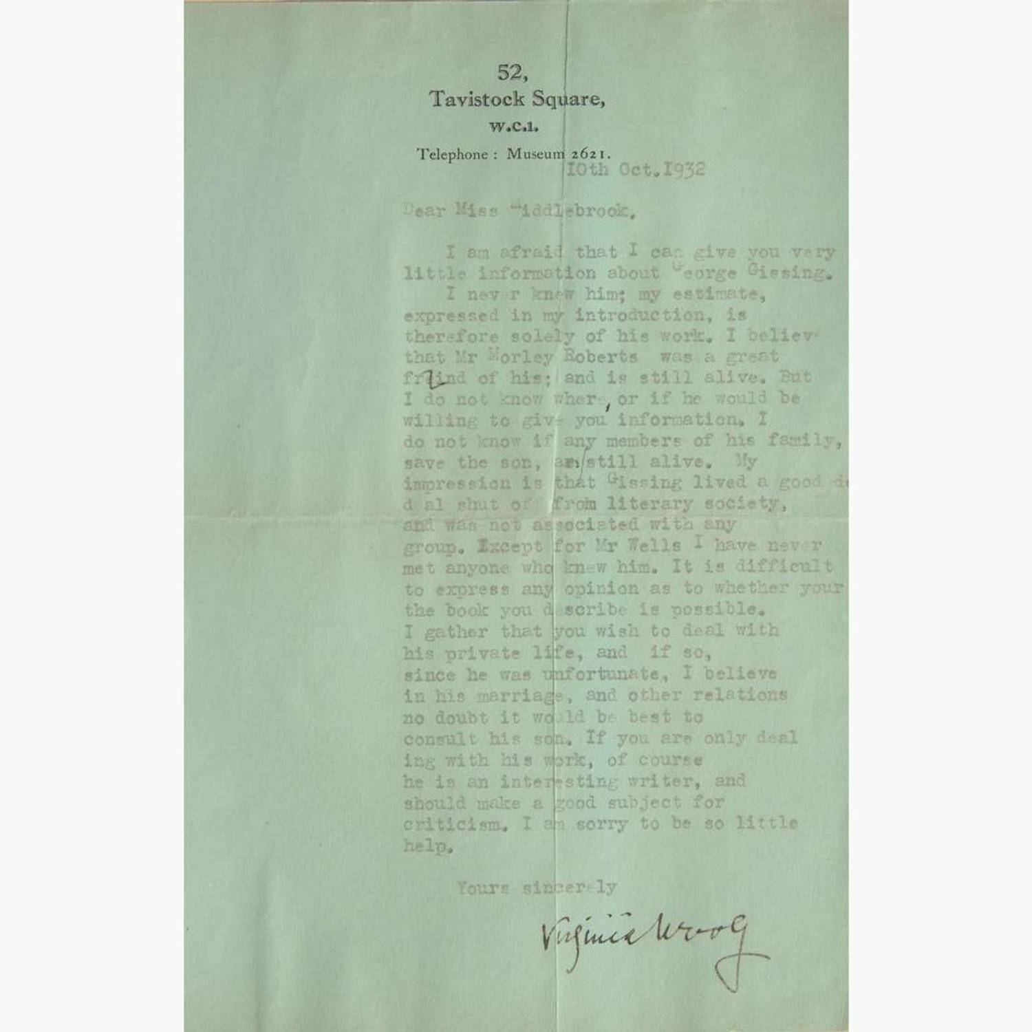 [Literature] Woolf, Virginia Typed letter, signed