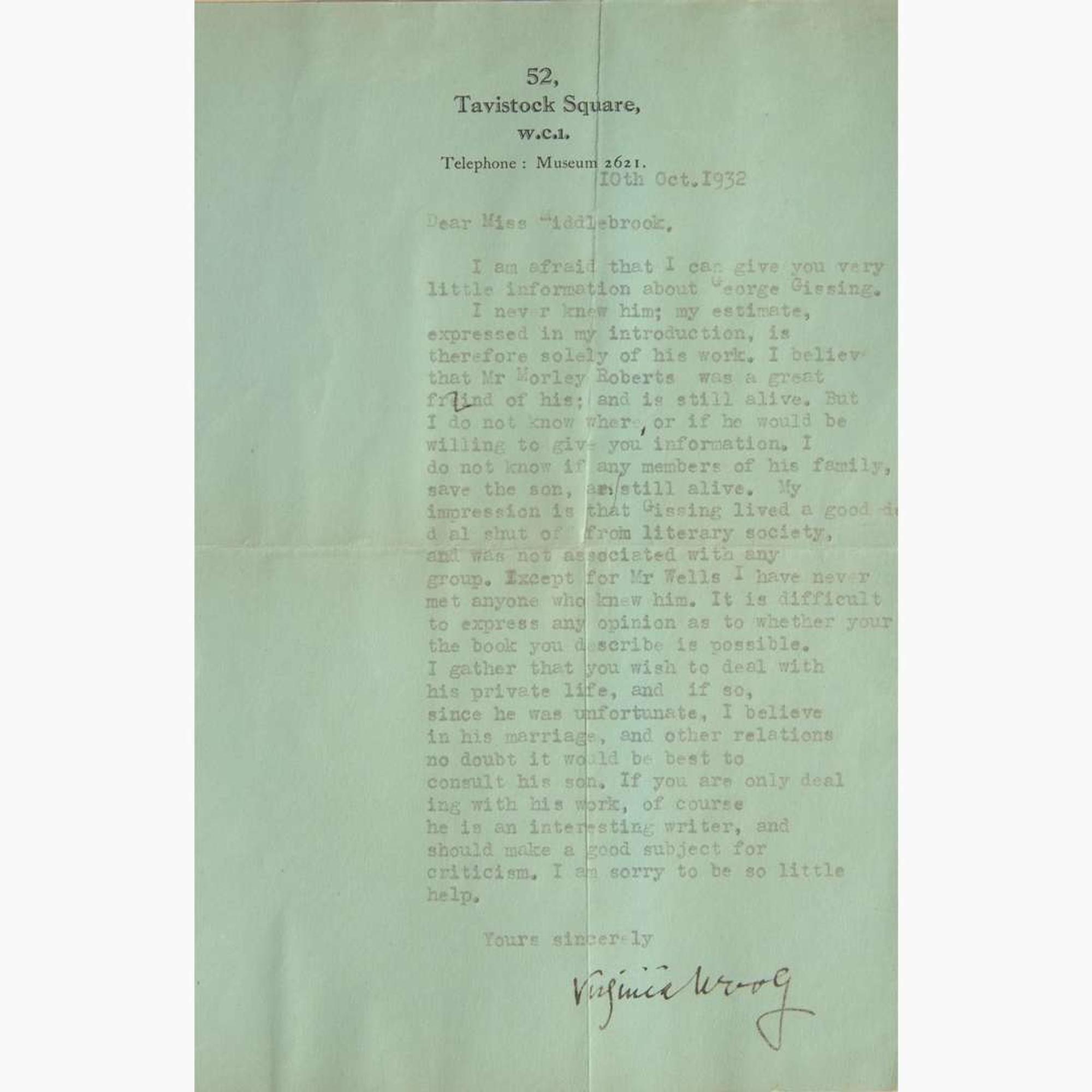 [Literature] Woolf, Virginia Typed letter, signed