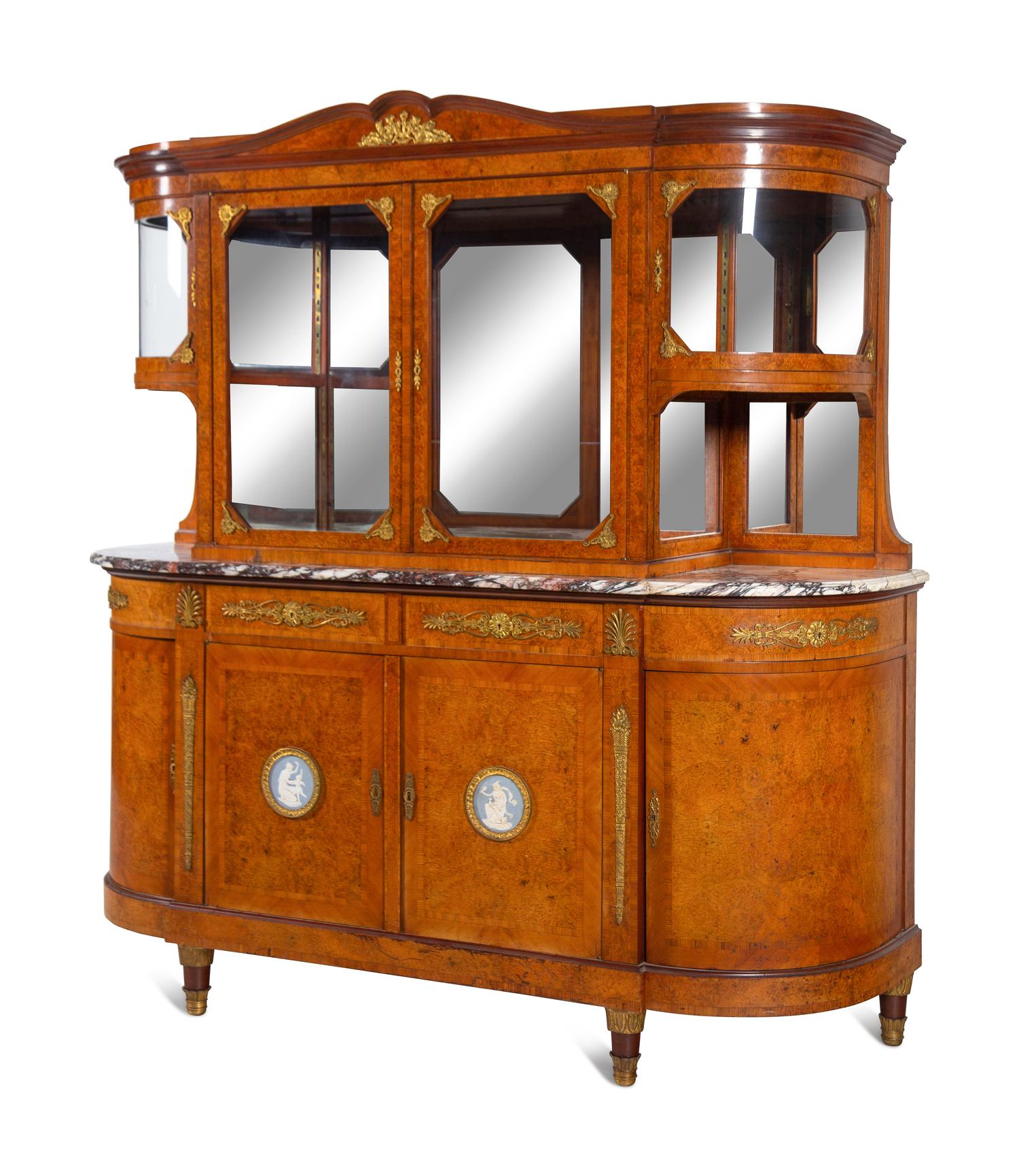 A French Gilt Bronze and Jasperware Mounted Burlwood Dining Suite