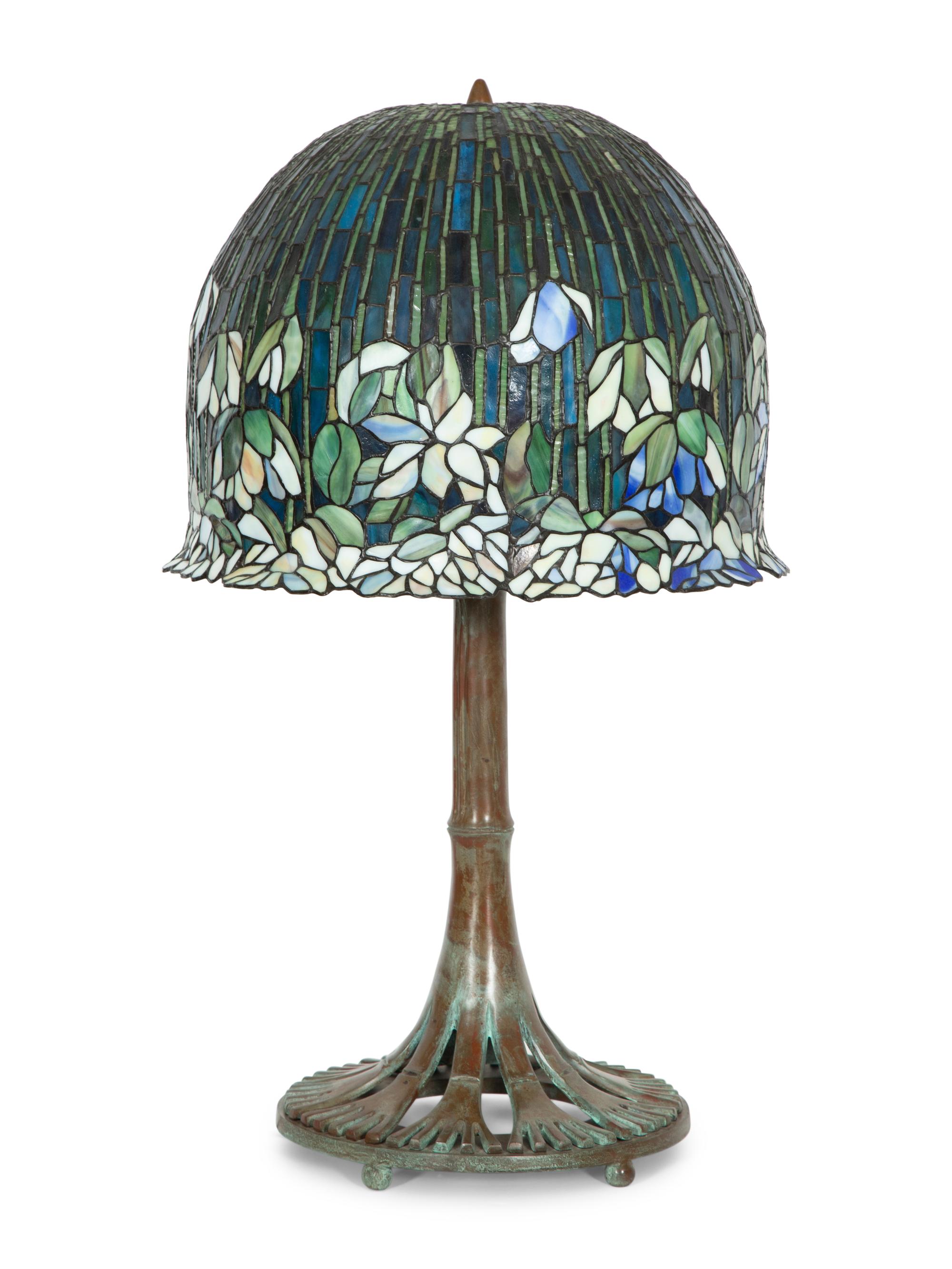 A Leaded Glass and Bronze Table Lamp