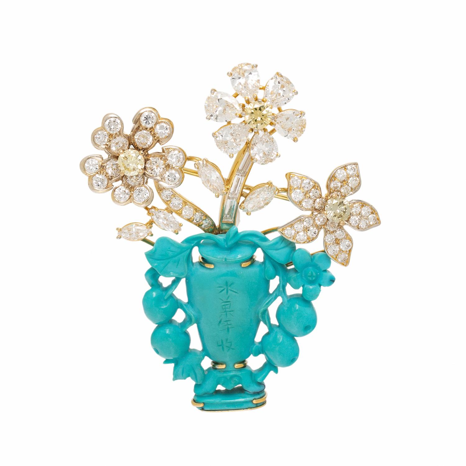 Ruser, Carved Turquoise, Diamond, and Colored Diamond Giardinetto Brooch