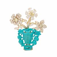 Ruser, Carved Turquoise, Diamond, and Colored Diamond Giardinetto Brooch