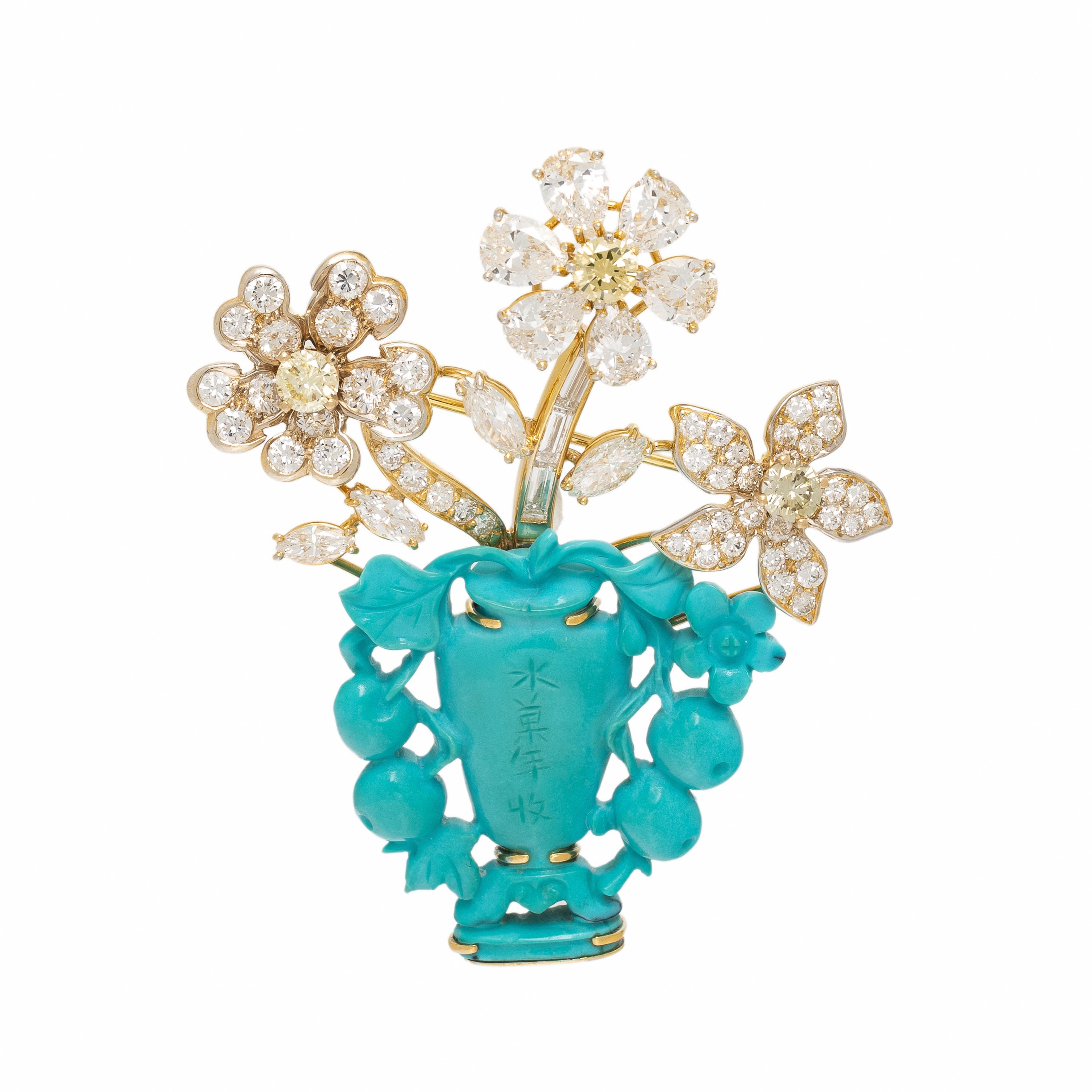 Ruser, Carved Turquoise, Diamond, and Colored Diamond Giardinetto Brooch