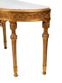 A Pair of Louis XVI Style Giltwood Demilune Marble-Top Console Tables