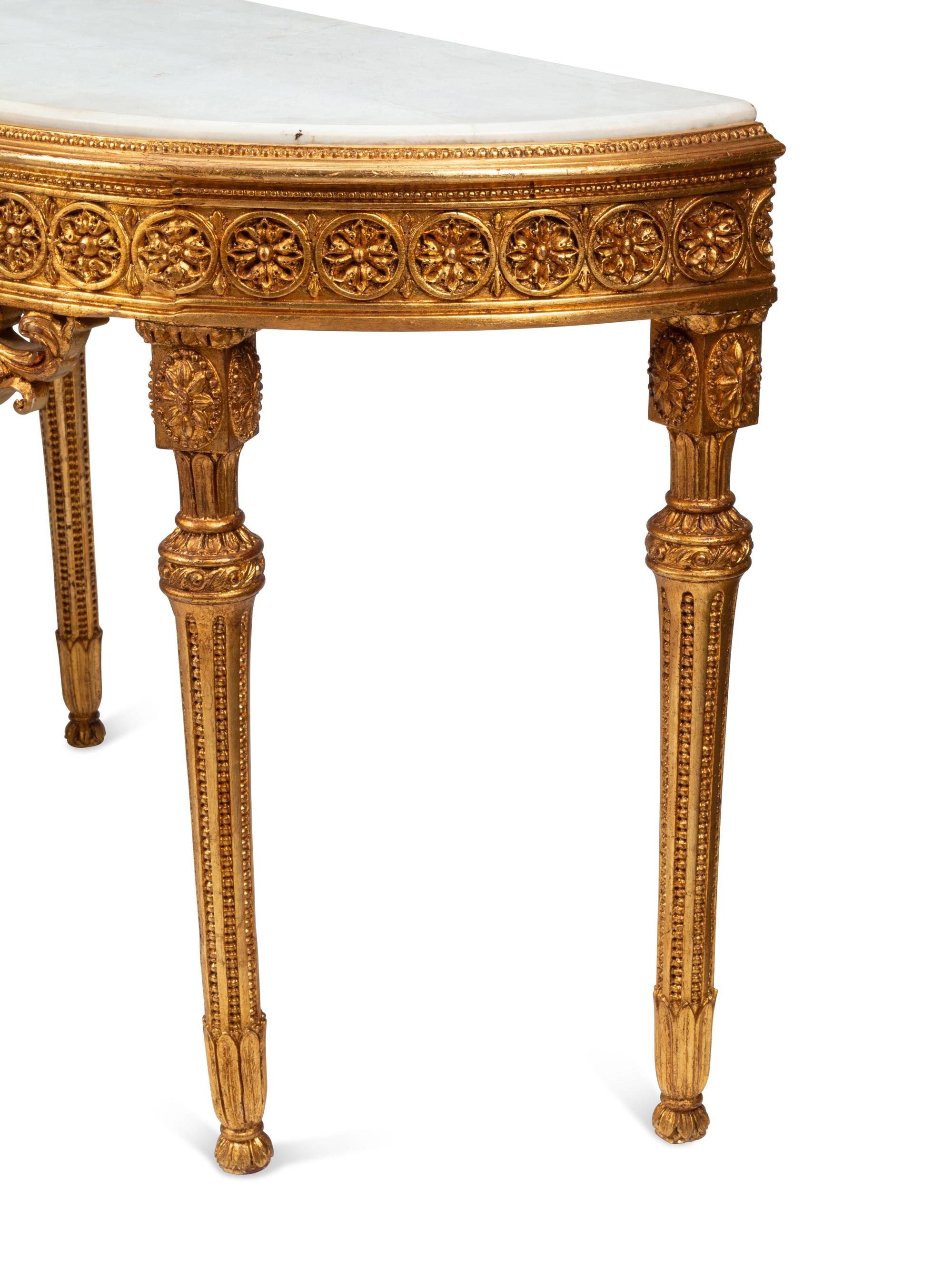 A Pair of Louis XVI Style Giltwood Demilune Marble-Top Console Tables