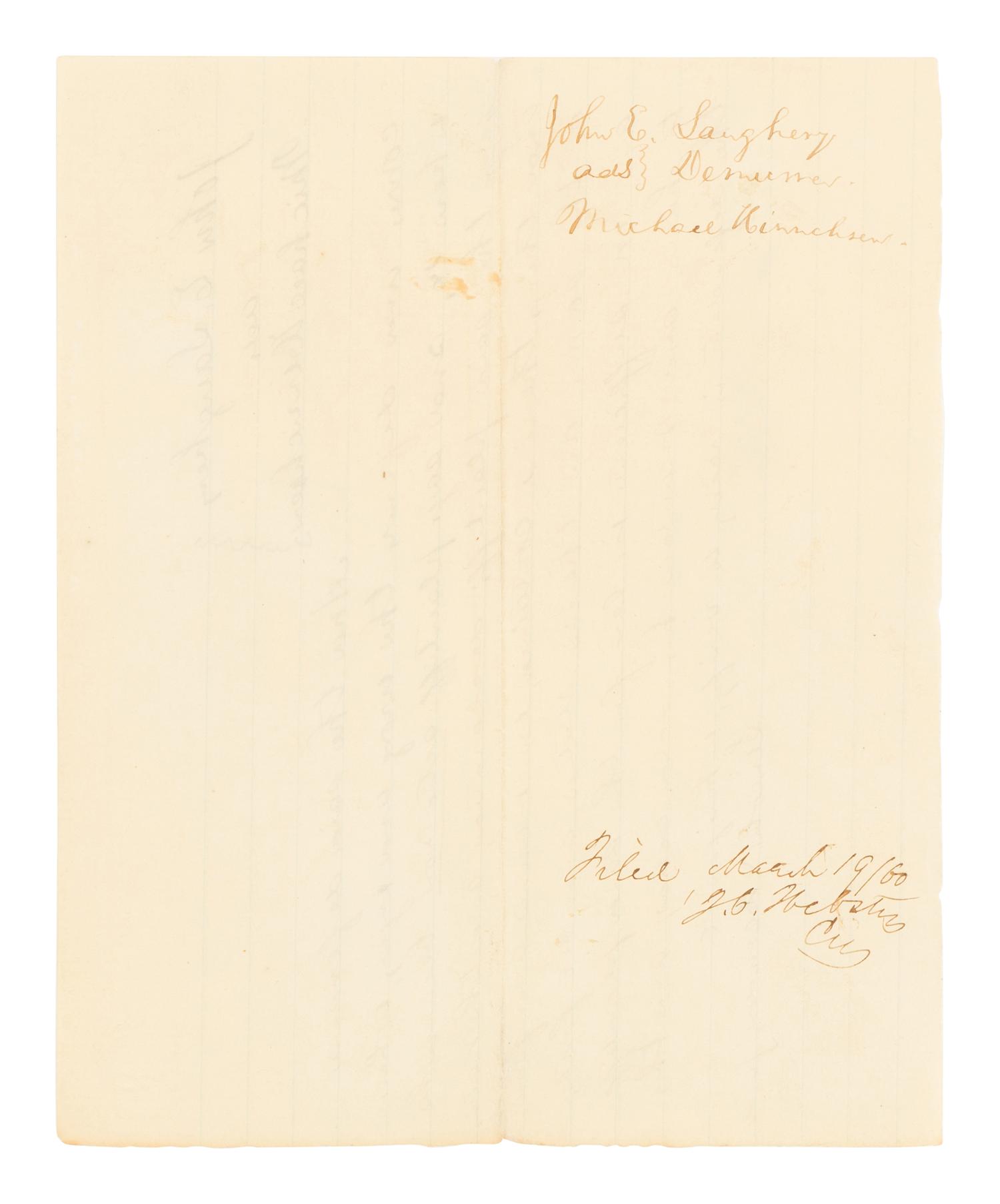 LINCOLN, Abraham (1809-1865). Autograph document, signed ("Lincoln & Herndon fr.d."). Logan County, Illinois, filed 19 March 1860.