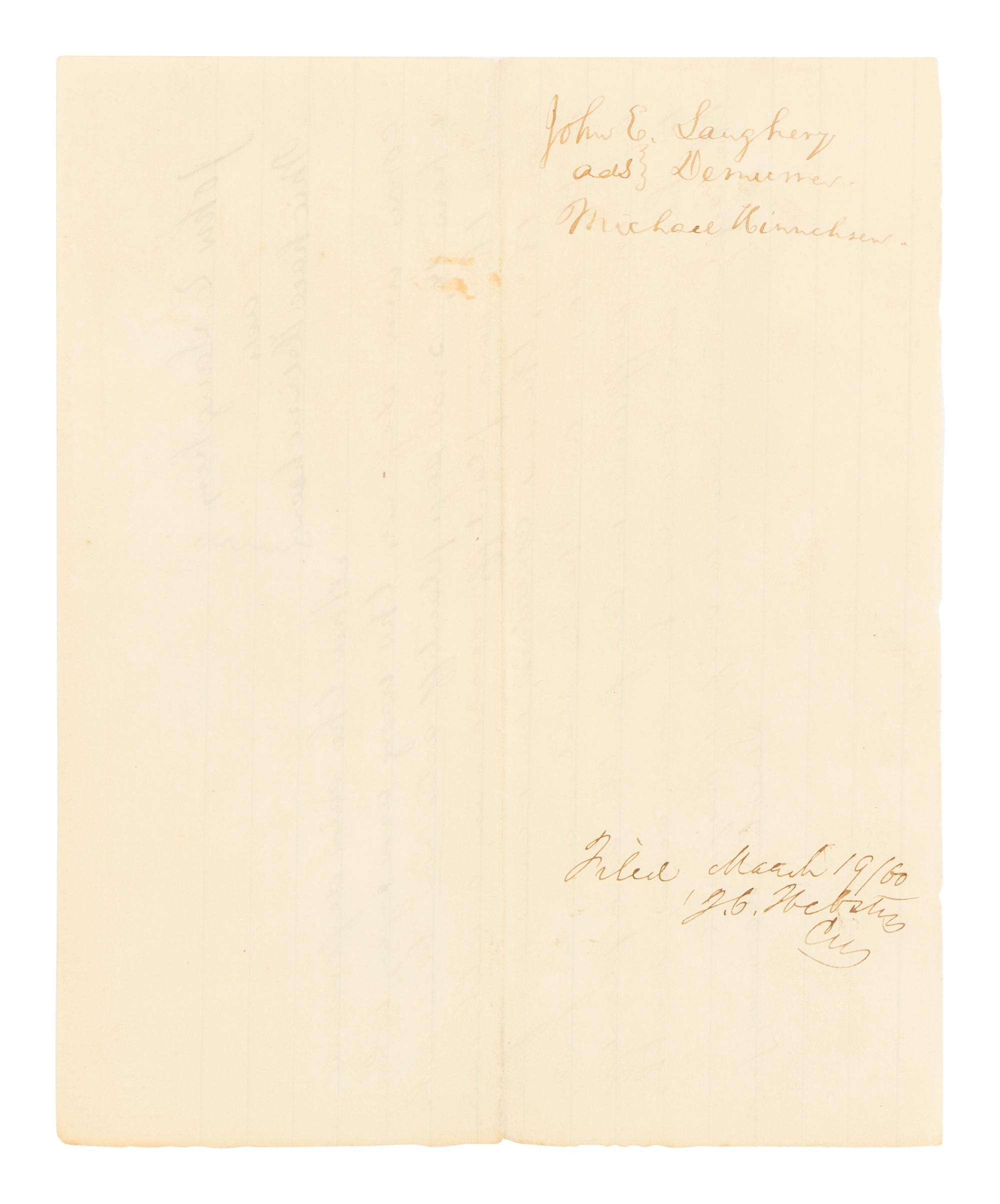 LINCOLN, Abraham (1809-1865). Autograph document, signed ("Lincoln & Herndon fr.d."). Logan County, Illinois, filed 19 March 1860.