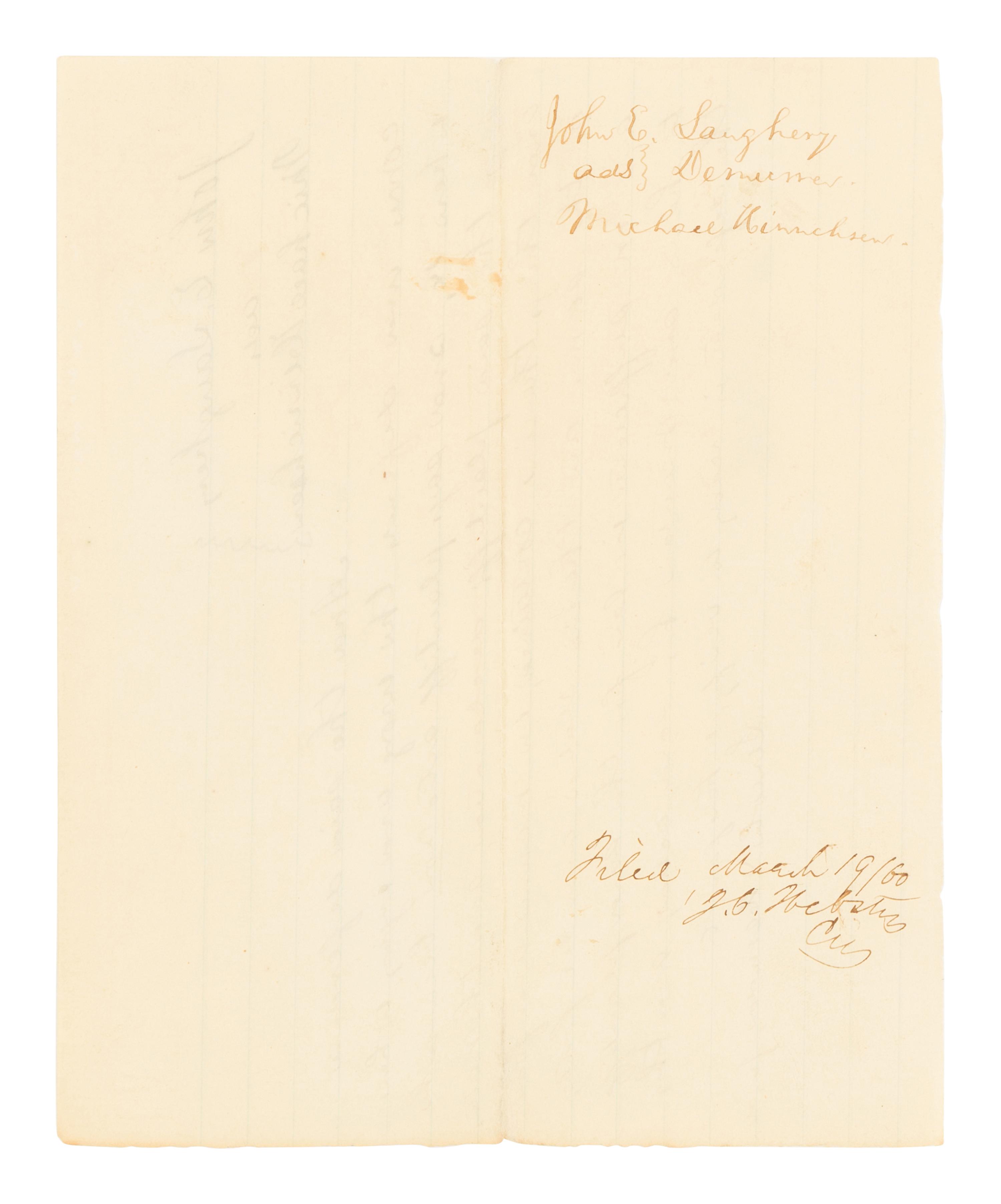 LINCOLN, Abraham (1809-1865). Autograph document, signed ("Lincoln & Herndon fr.d."). Logan County, Illinois, filed 19 March 1860.