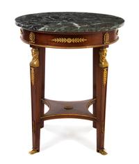 An Empire Style Gilt Metal Mounted Mahogany Gueridon, Height 30 1/8 x diameter 27 inches.