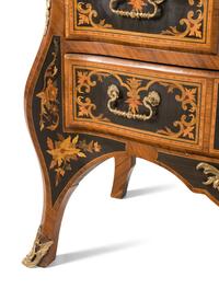 A Pair of Louis XIV Style Gilt Bronze Mounted Marquetry Commodes