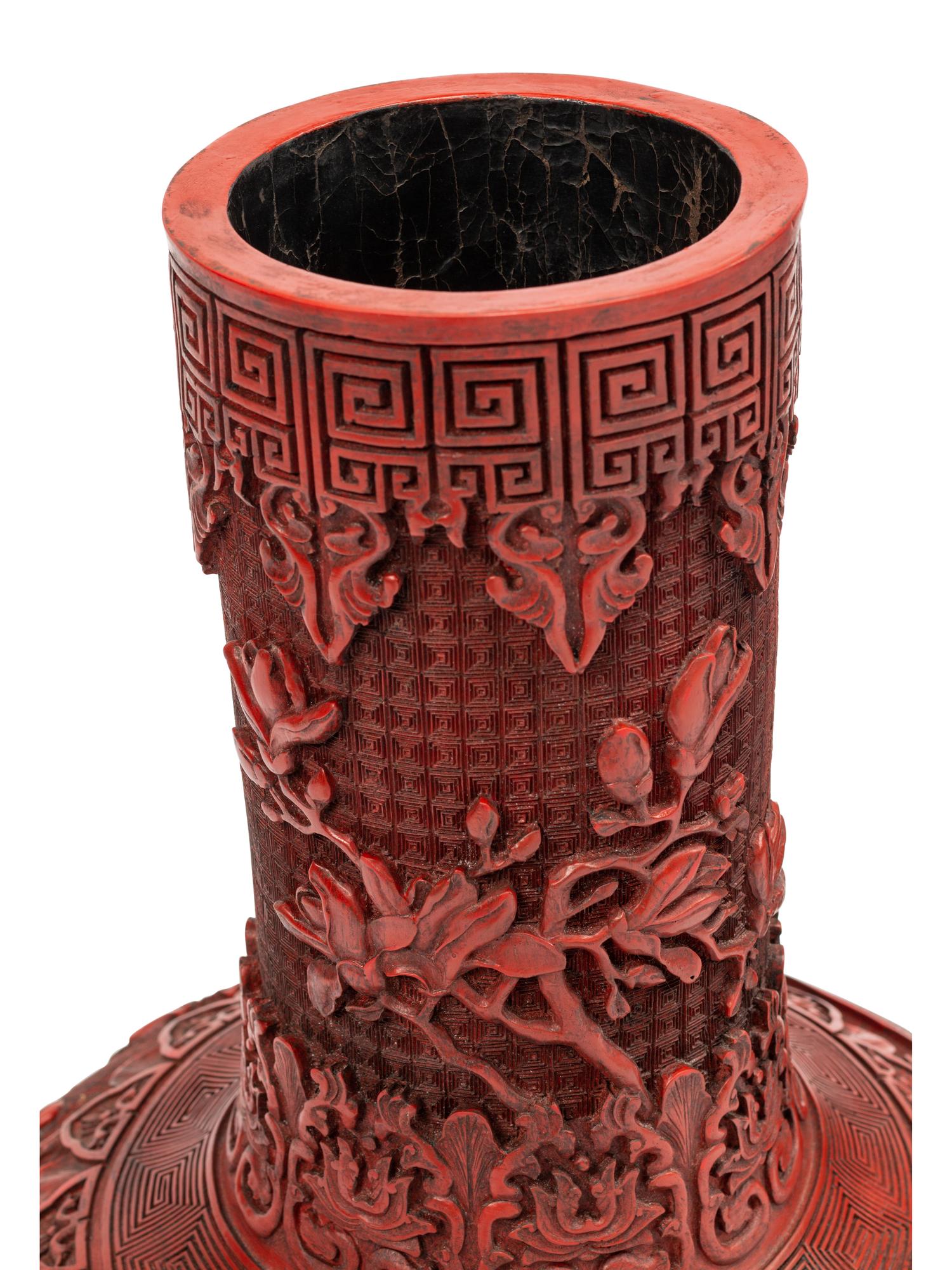 A Pair of Chinese Export Carved Red Lacquer Vases