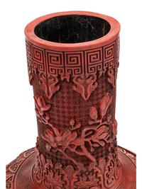 A Pair of Chinese Export Carved Red Lacquer Vases