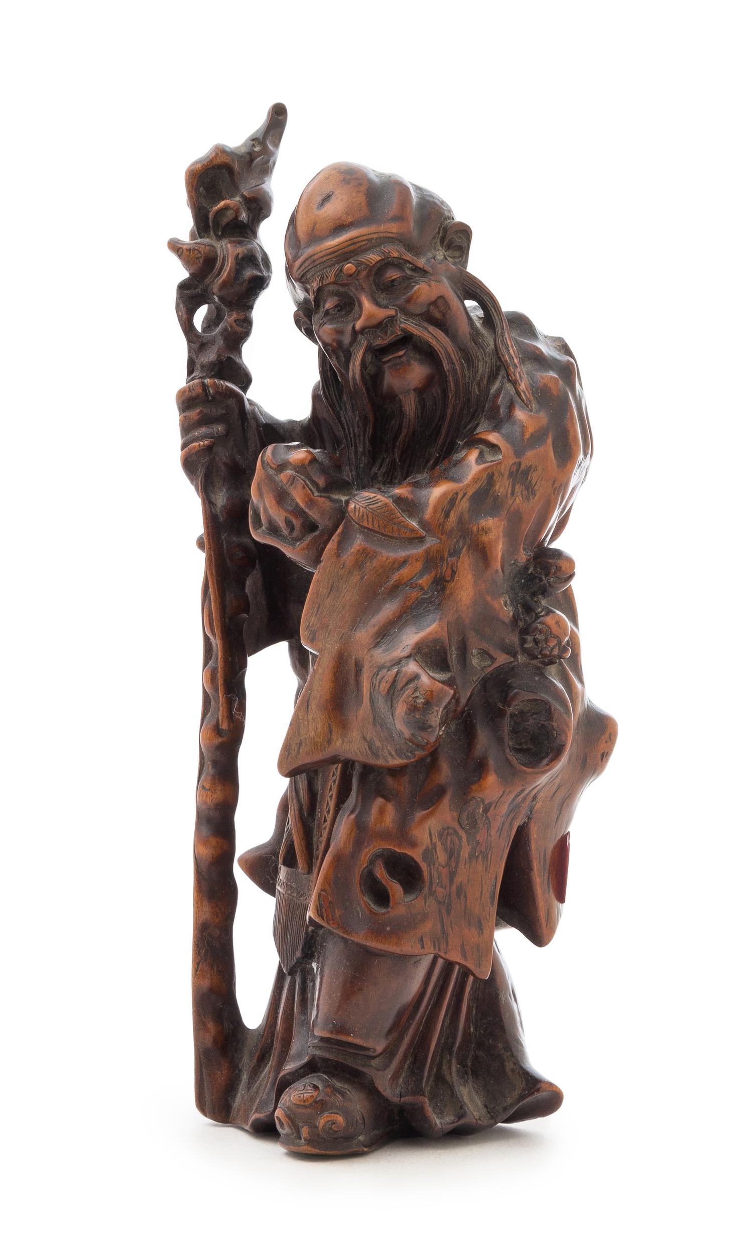 A Carved Wood Figure of Shoulao Height 10 1/2 inches.