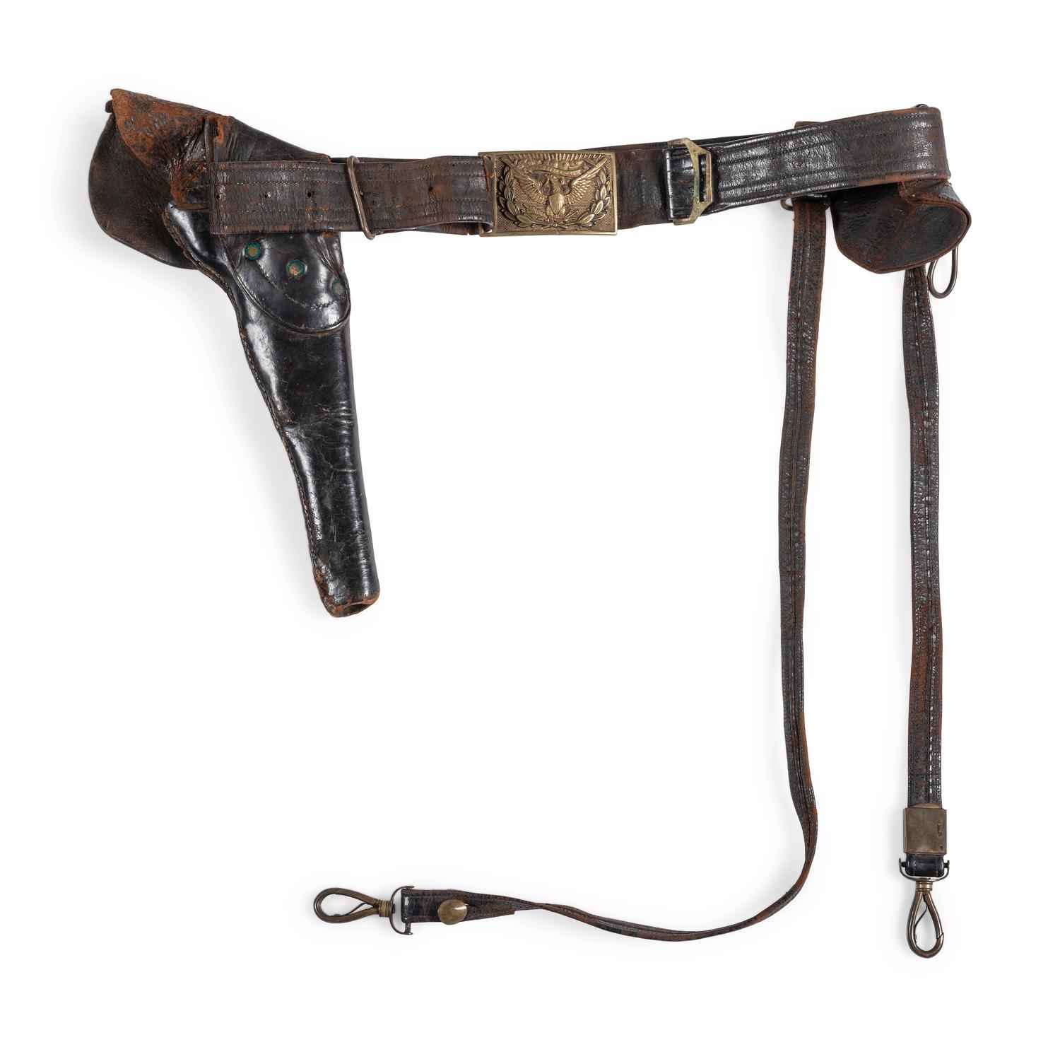 Civil War officer's belt rig with Model 1851 buckle and pistol holster.