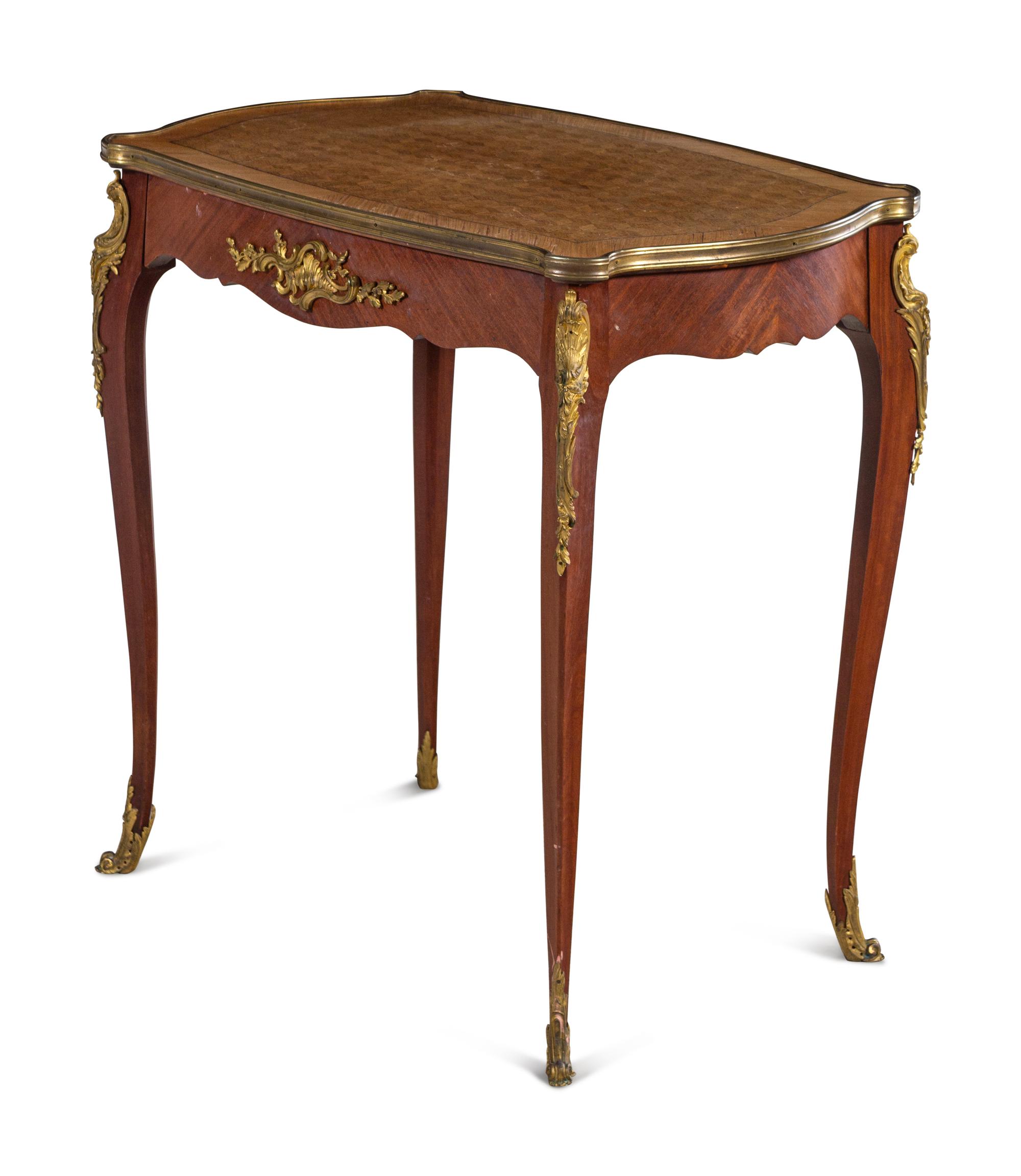 A Louis XV Style Gilt Bronze Mounted Parquetry Table