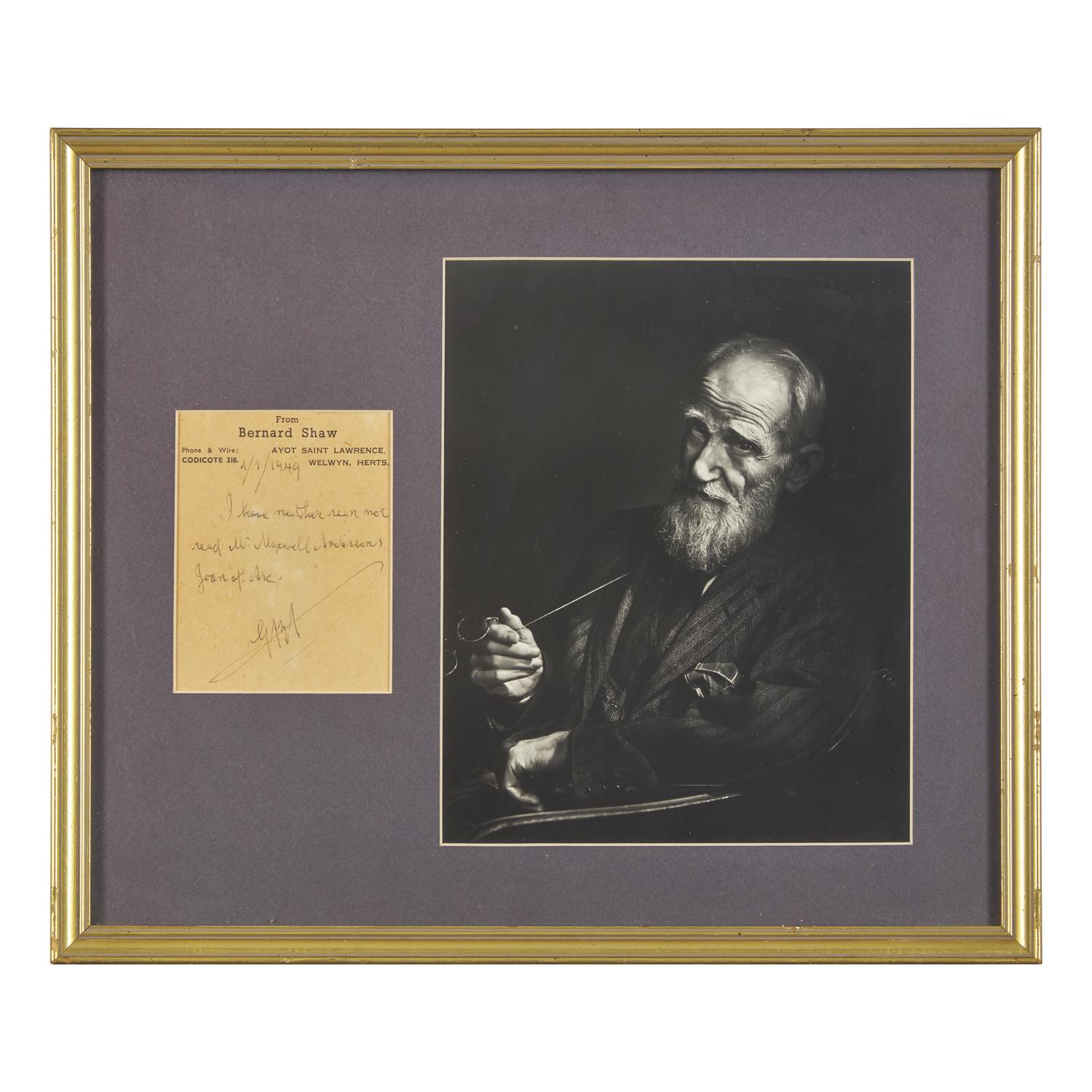 [Literature] Shaw, George Bernard. Autograph Note, initialed